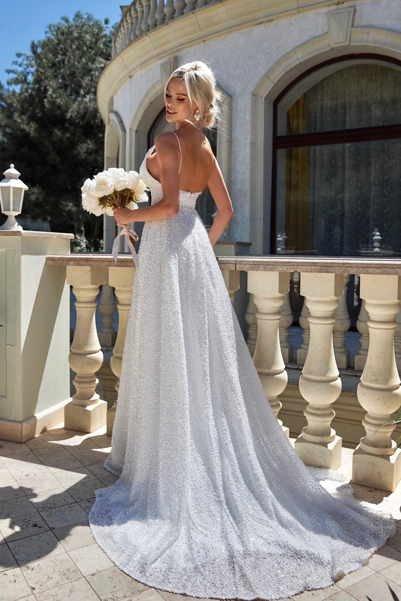 BB019 Off White Sequin Sleeveless Open Back Wedding Dress