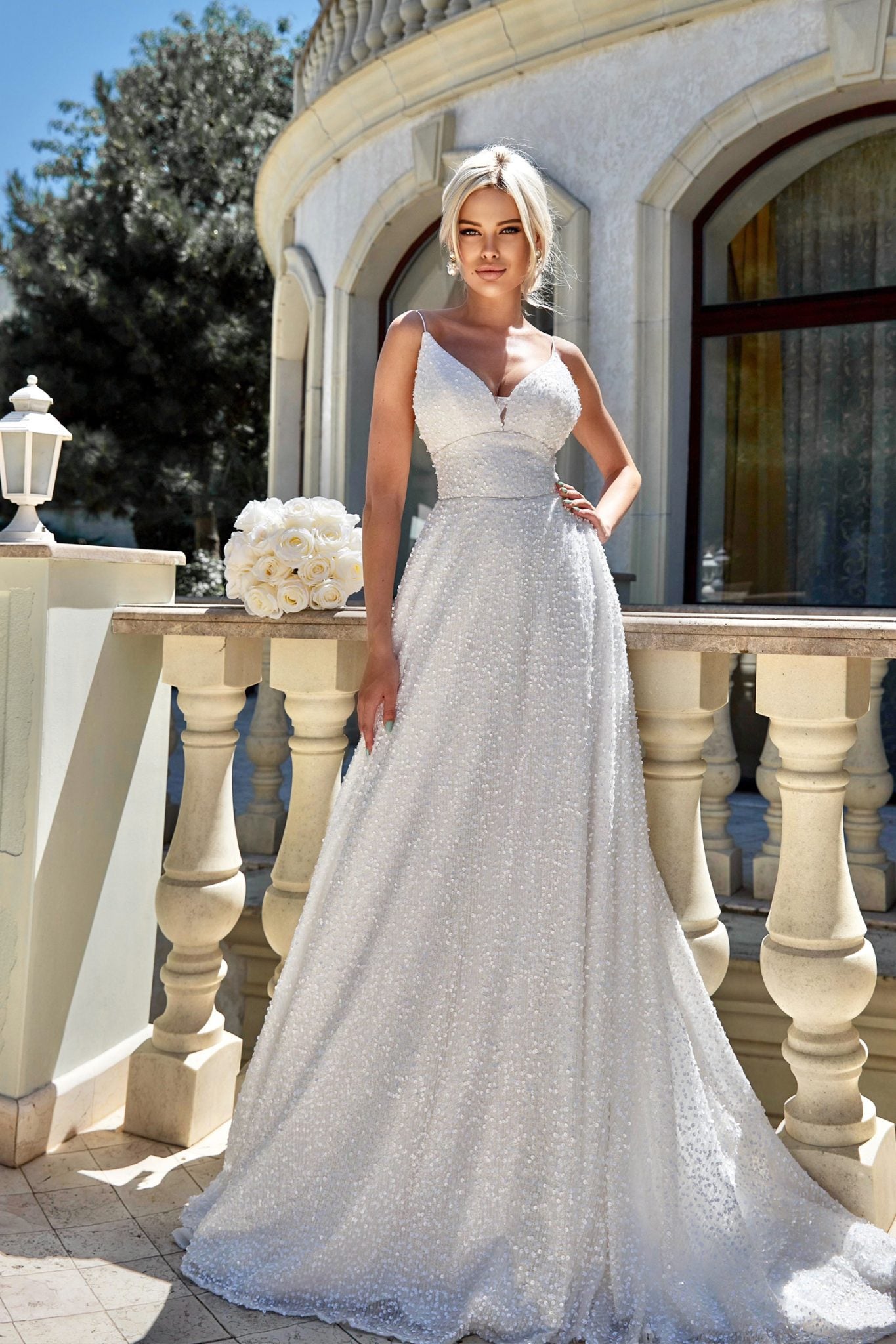 BB019 Off White Sequin Sleeveless Open Back Wedding Dress
