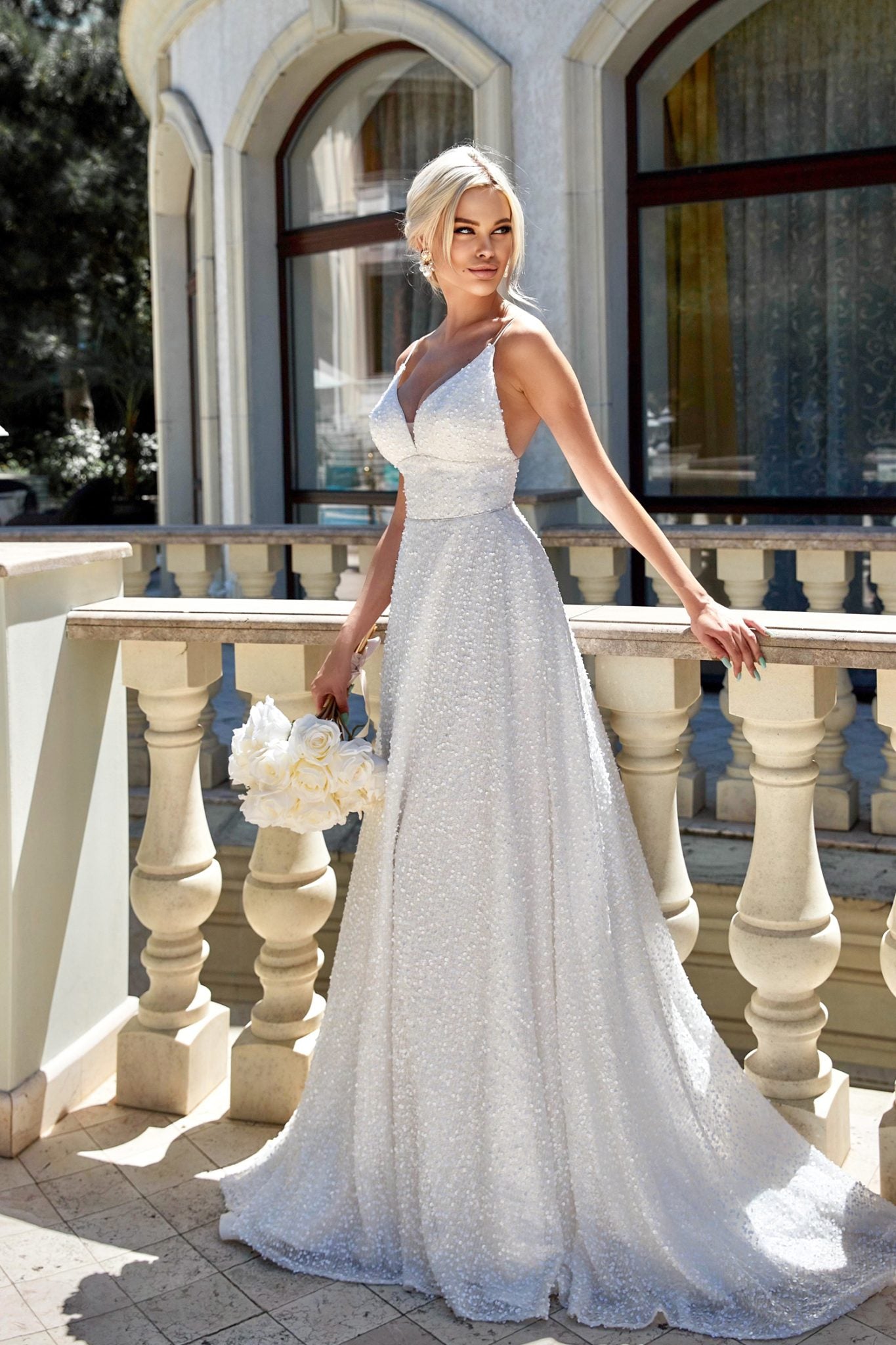 BB019 Off White Sequin Sleeveless Open Back Wedding Dress