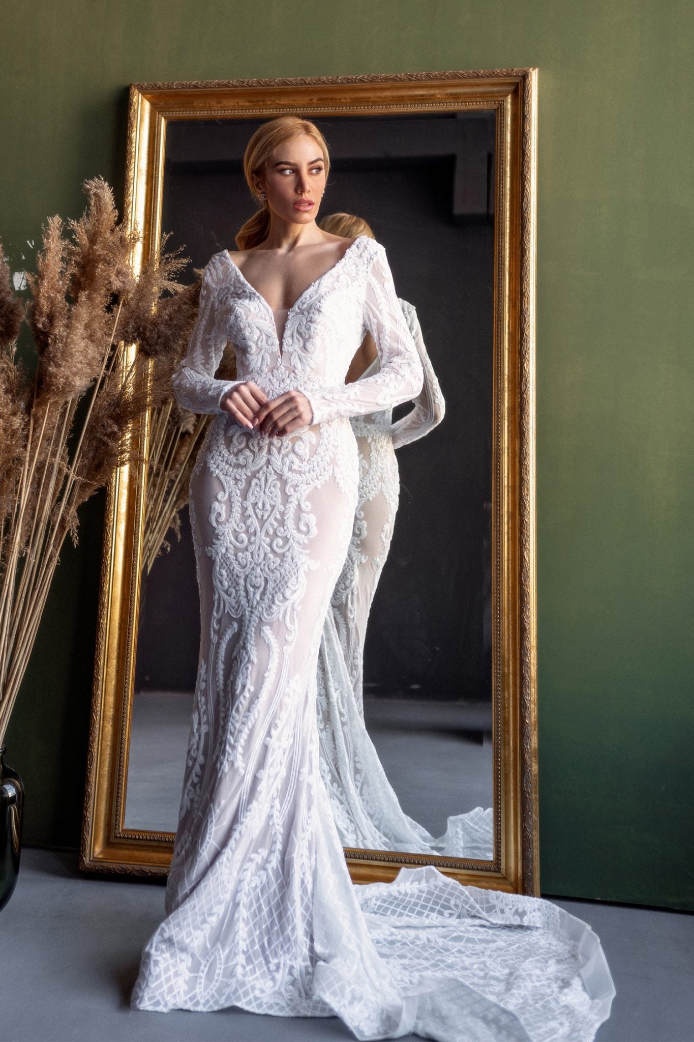 BB021 White & Nude Long Sleeved Mermaid Fitted Sequin Wedding Dress