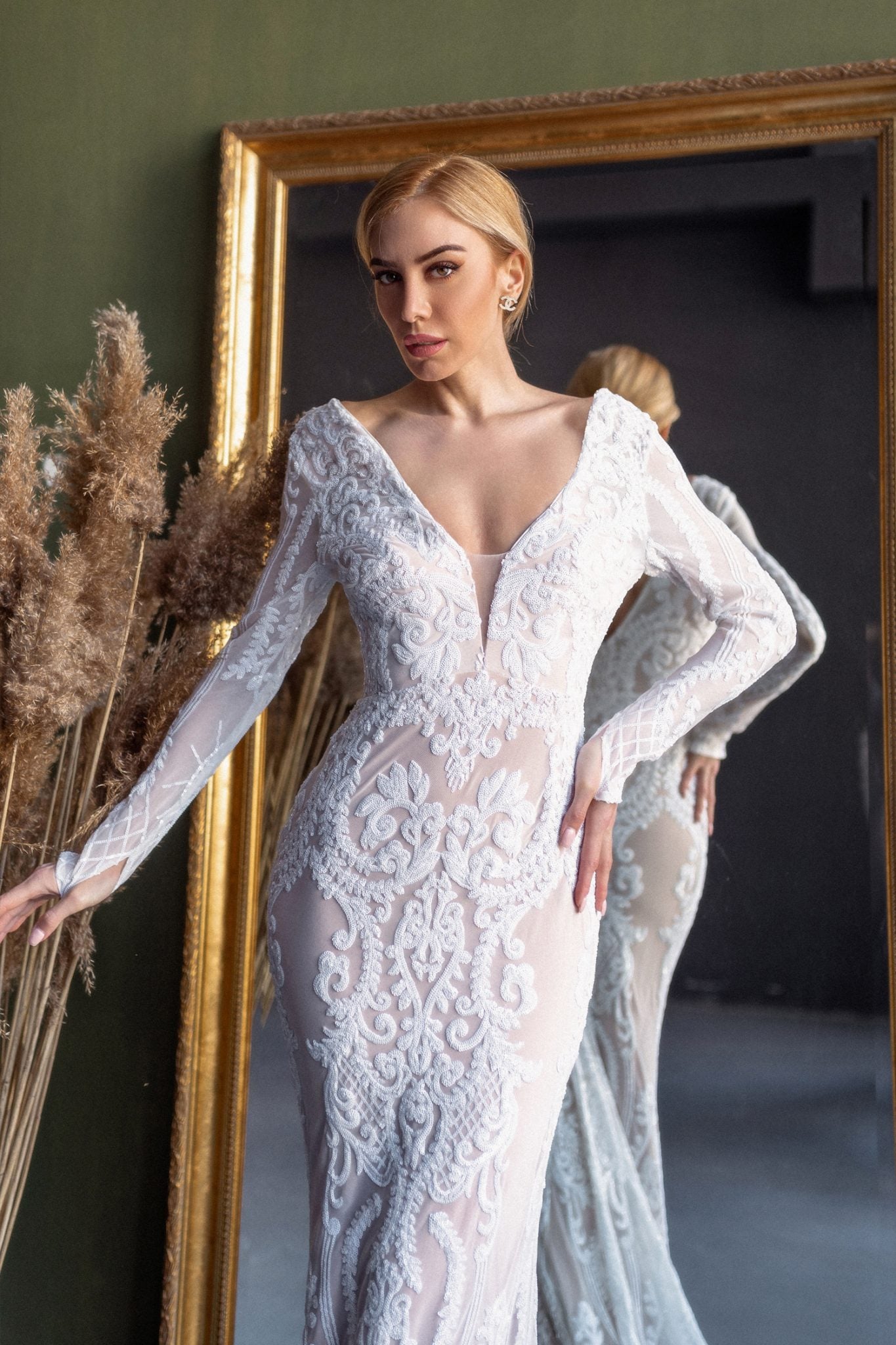 BB021 White & Nude Long Sleeved Mermaid Fitted Sequin Wedding Dress