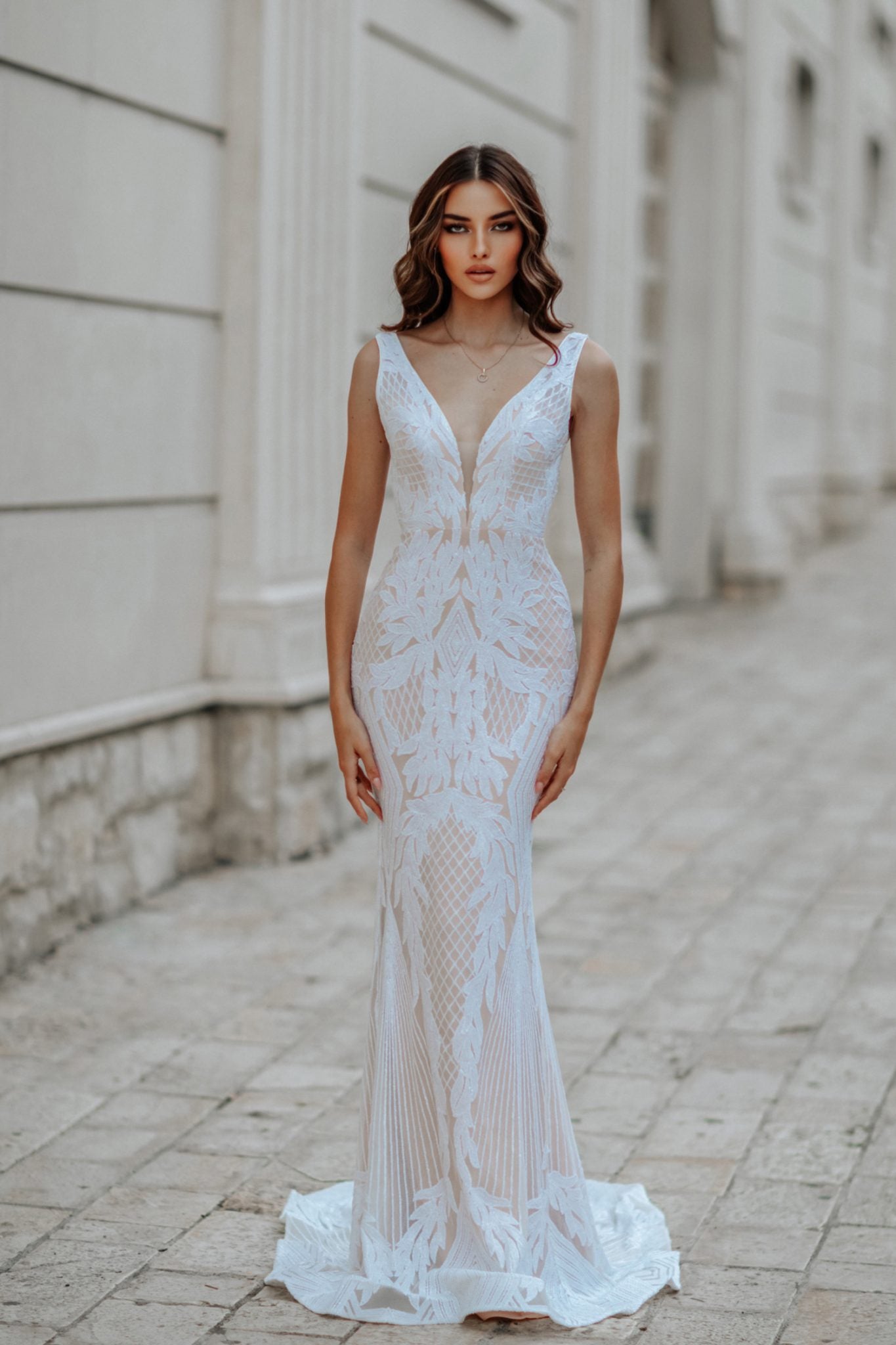 BB052 Sequin lace Fitted V-Neck Wedding Dress