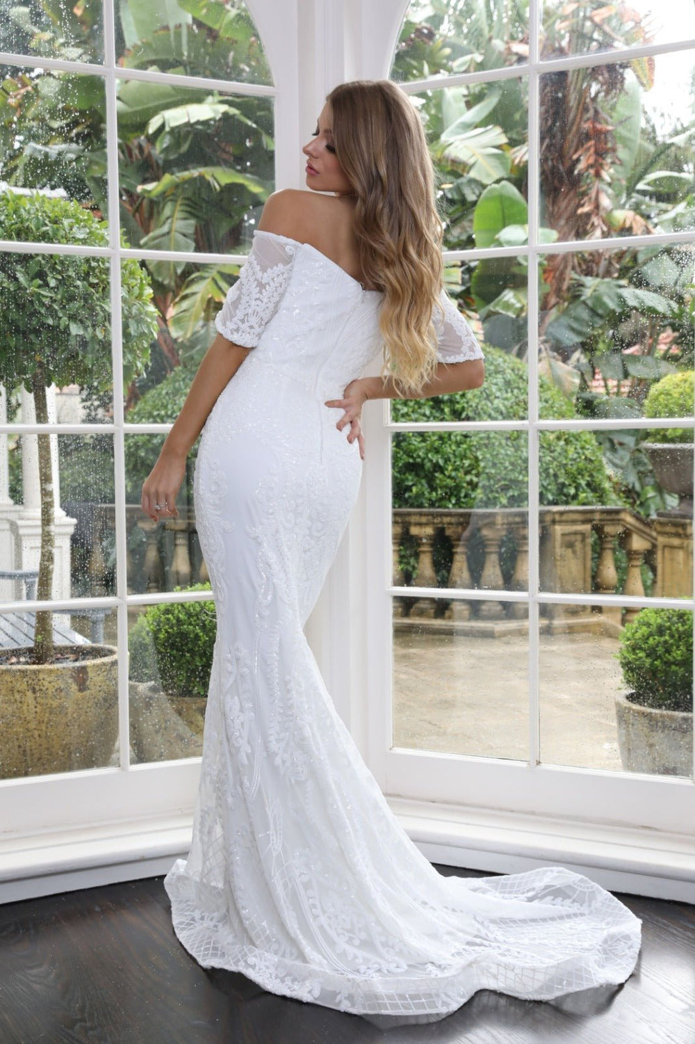 T19005 White Stretch Sequin Wedding Dress