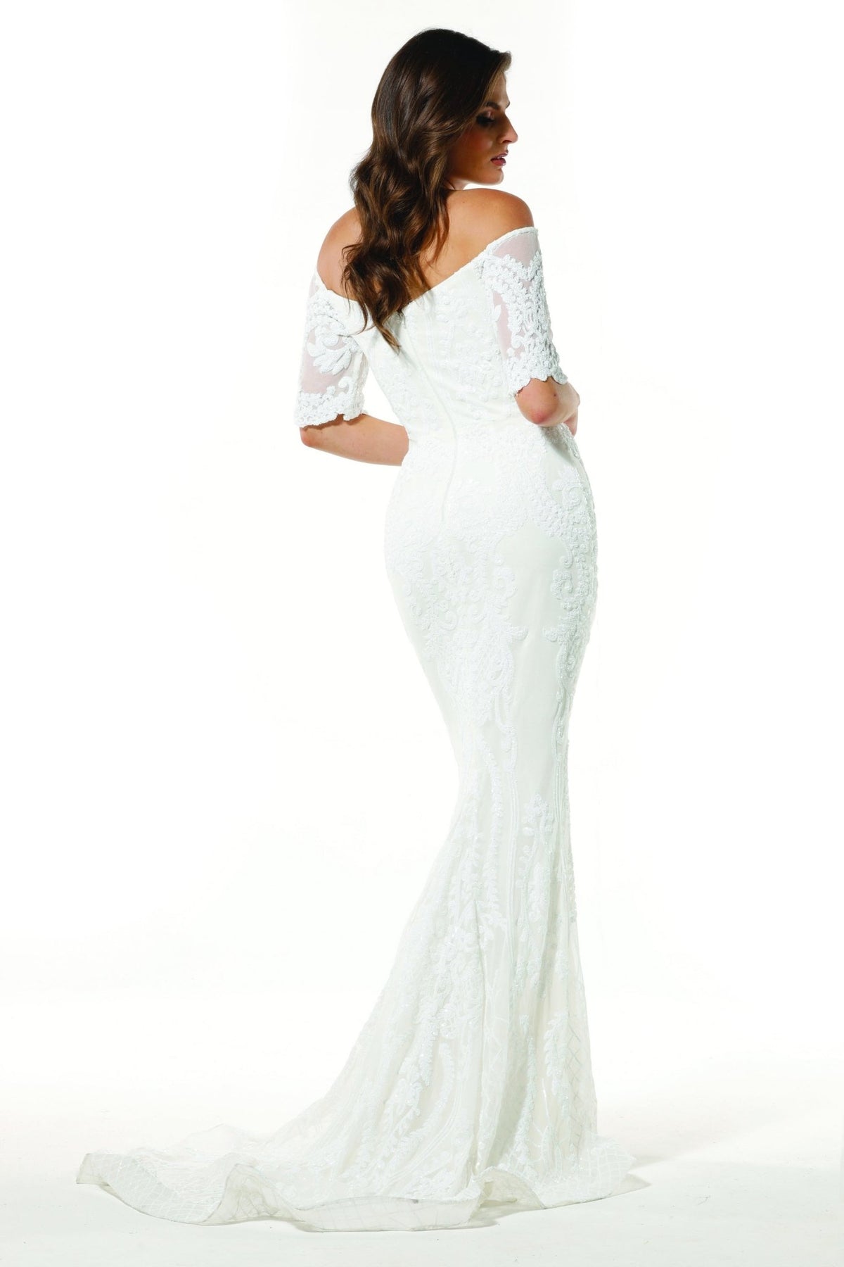T19005 White Stretch Sequin Wedding Dress