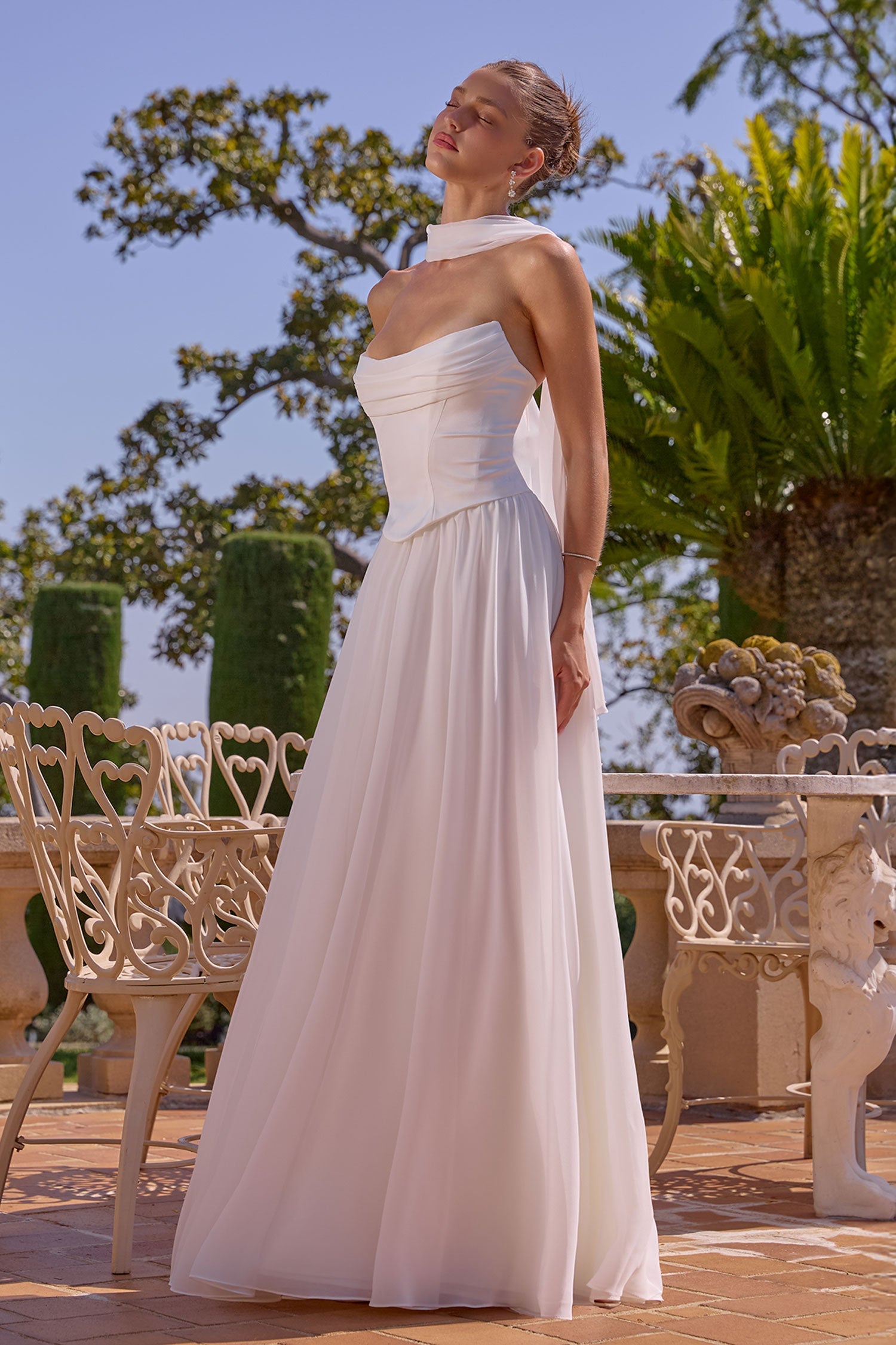 KARINE Satin & Chiffon Corset Gown with Neck Scarf