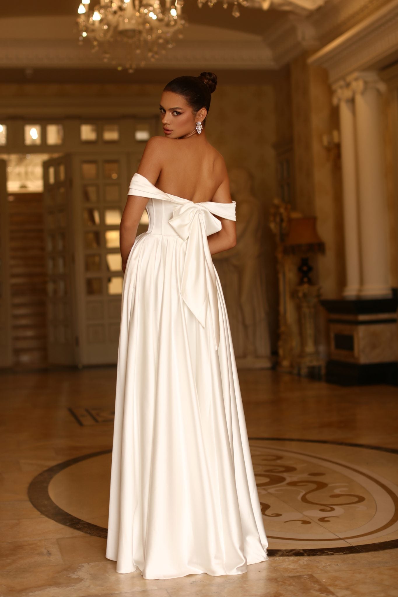 TE207W Satin Off Shoulder A-Line Wedding Dress with Pockets