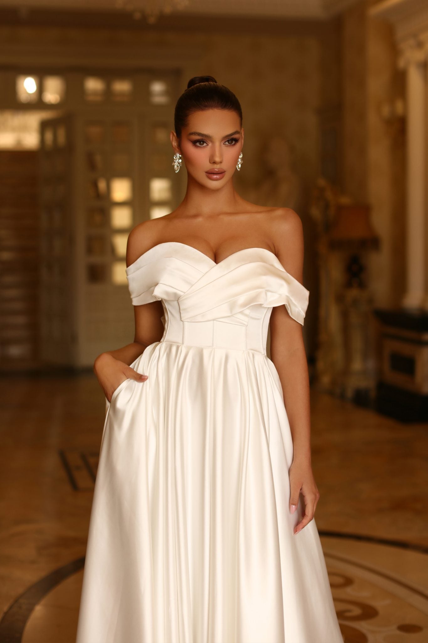 TE207W Satin Off Shoulder A-Line Wedding Dress with Pockets