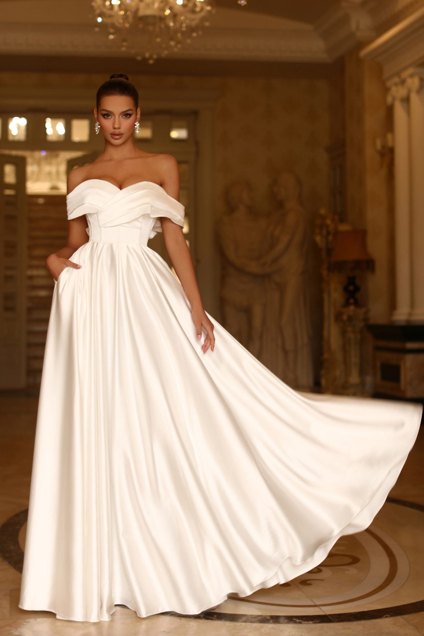 TE207W Satin Off Shoulder A-Line Wedding Dress with Pockets