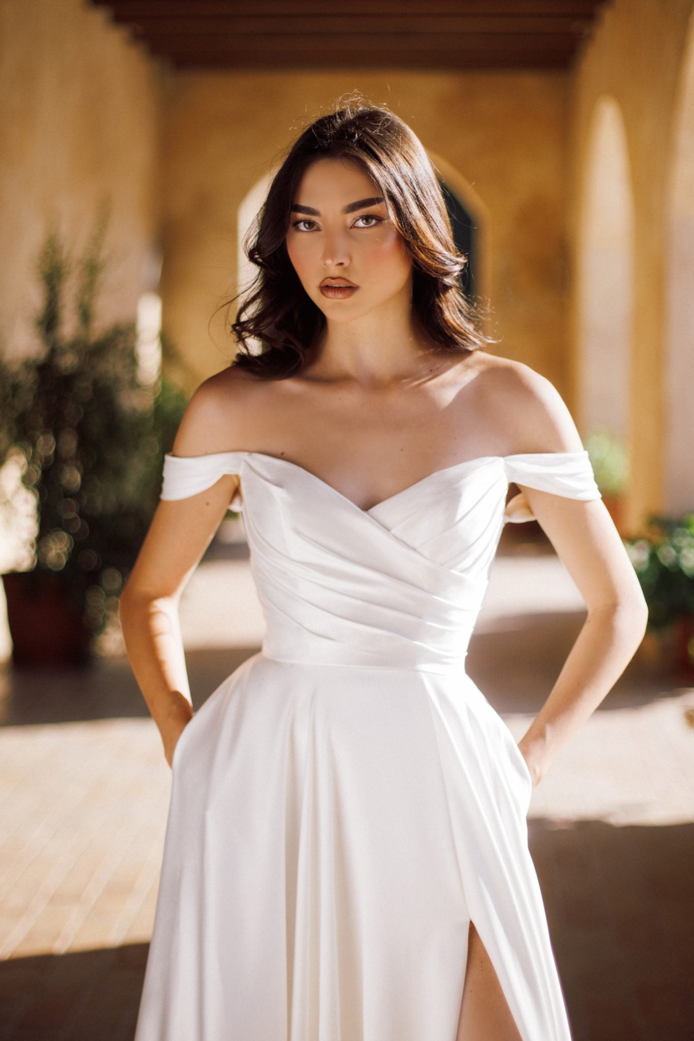TE565 SOPHIA Off Shoulder Satin A-Line Wedding Dress