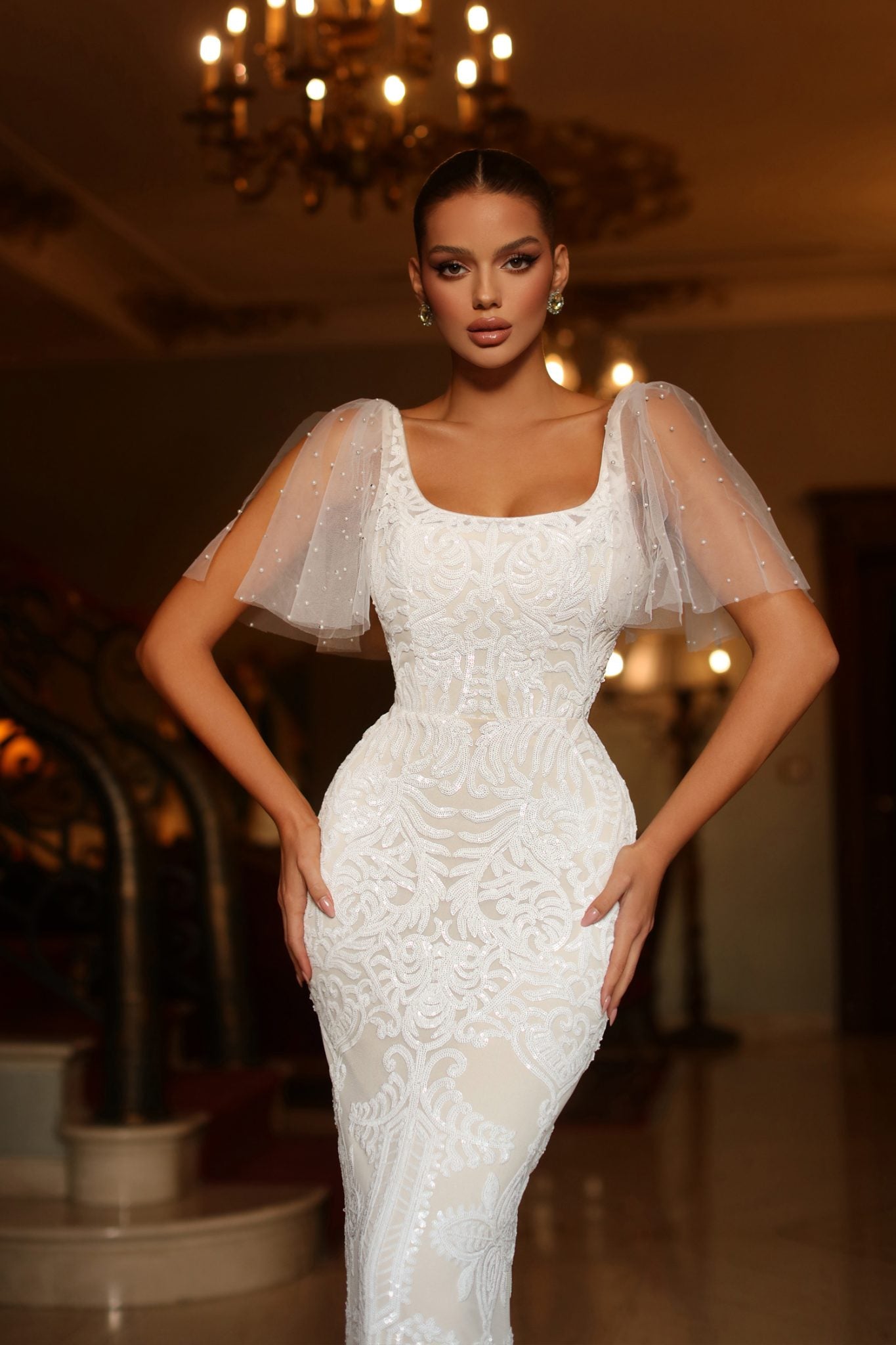 TW111 Sequin Fitted Wedding Dress with Detachable Sleeves