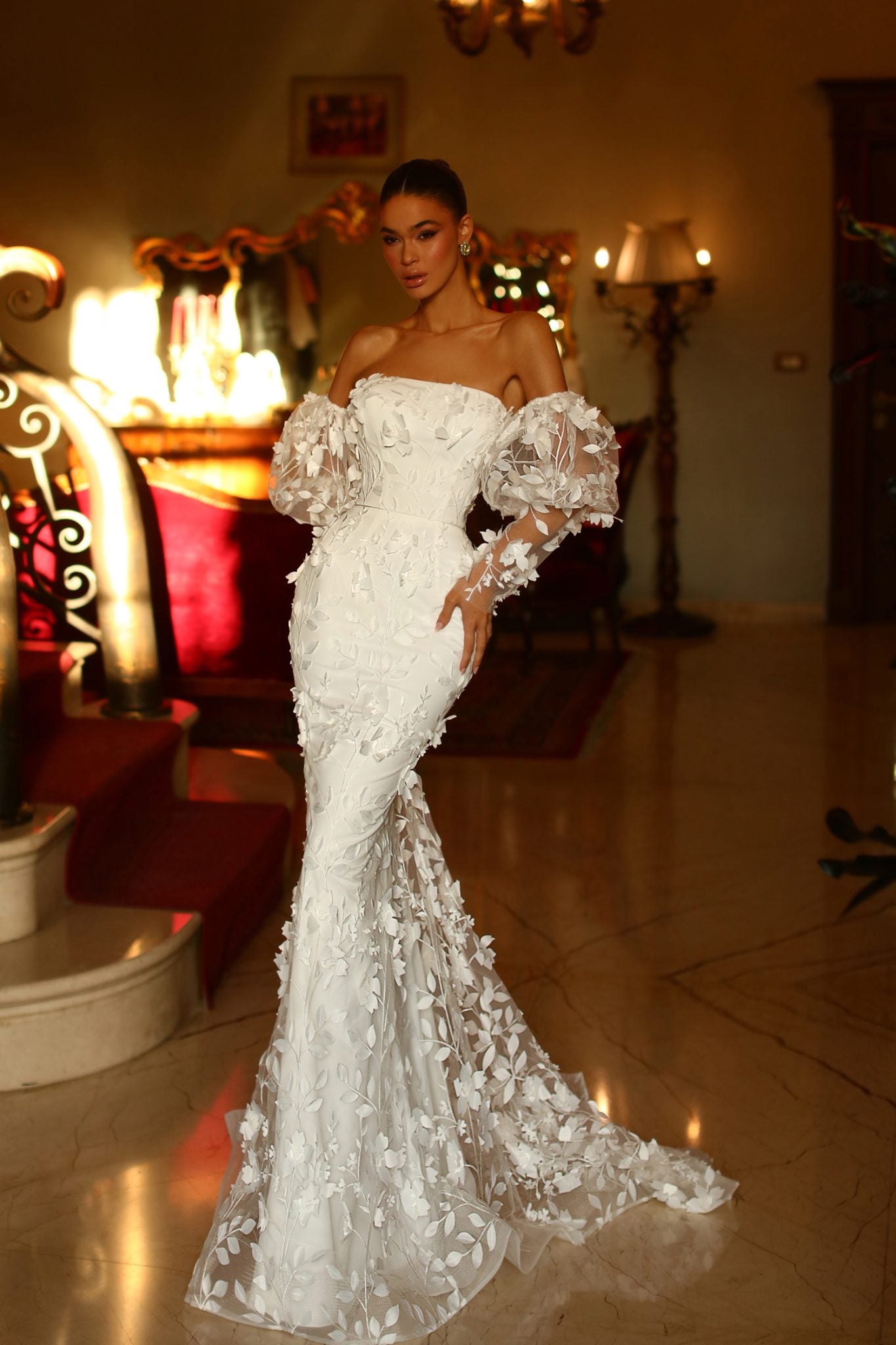TW121W 3D Lace Strapless Mermaid Wedding Dress with Sleeves