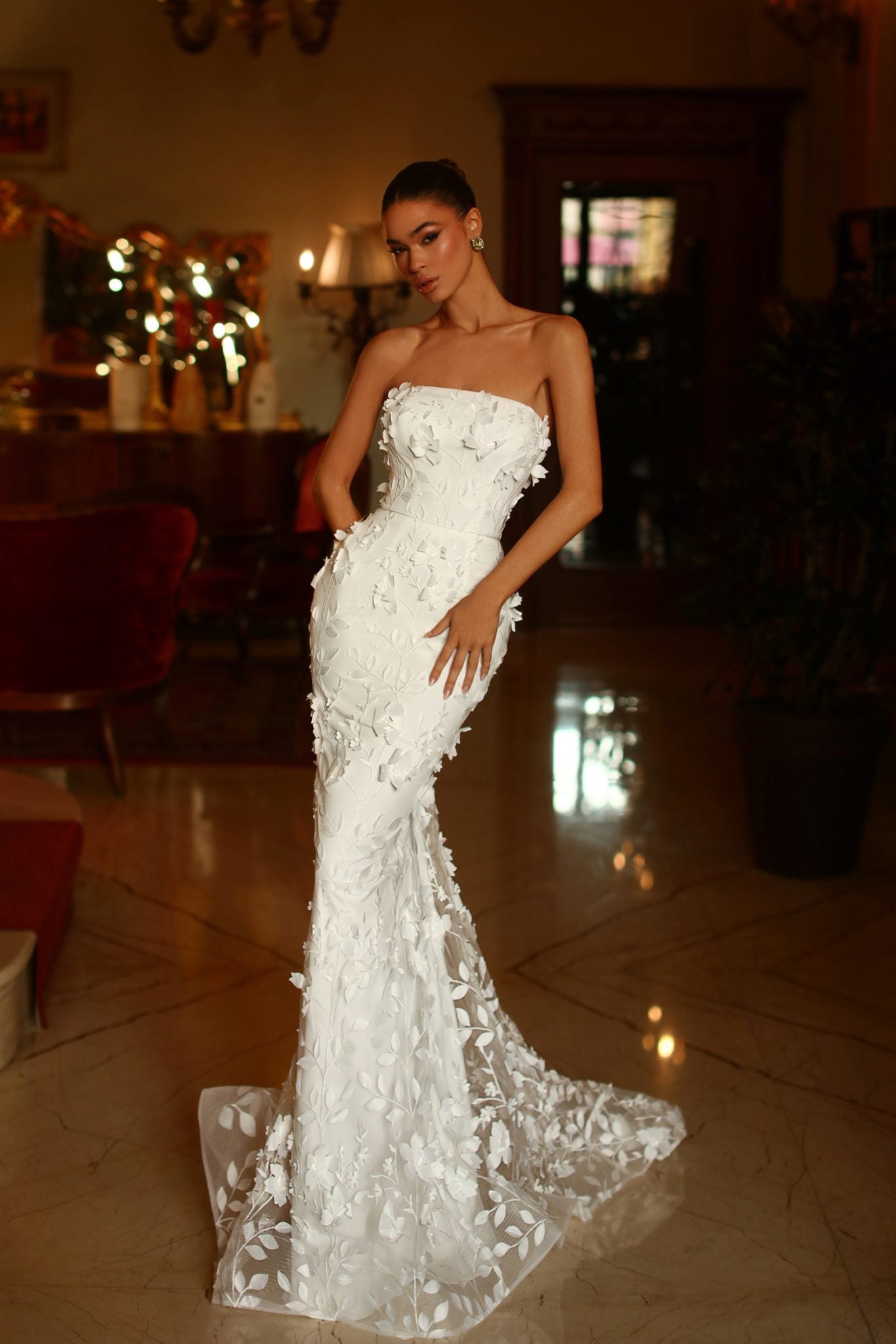 TW121W 3D Lace Strapless Mermaid Wedding Dress with Sleeves