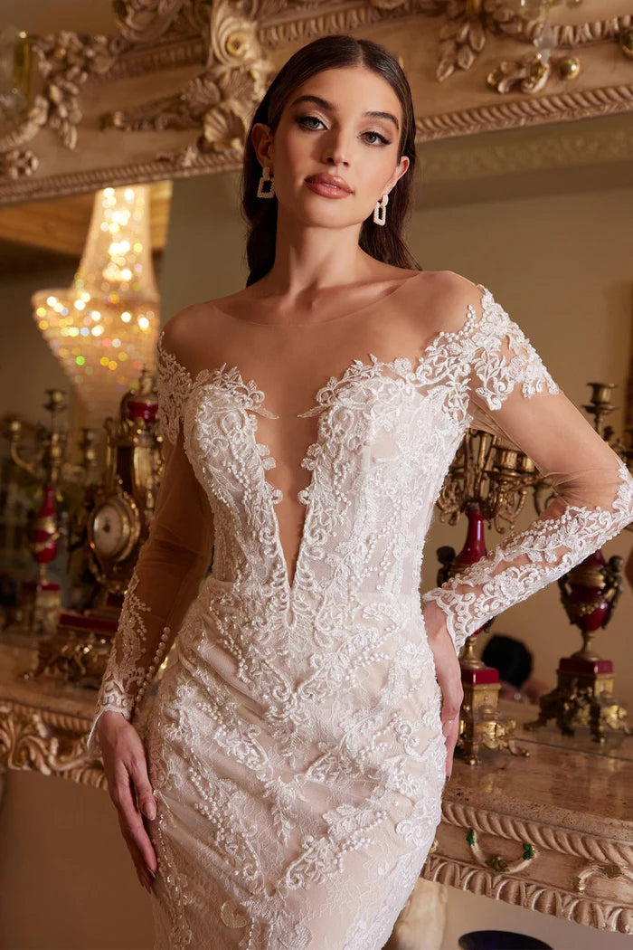 FREYA Plunge Lace Fitted Wedding Dress with Sleeves