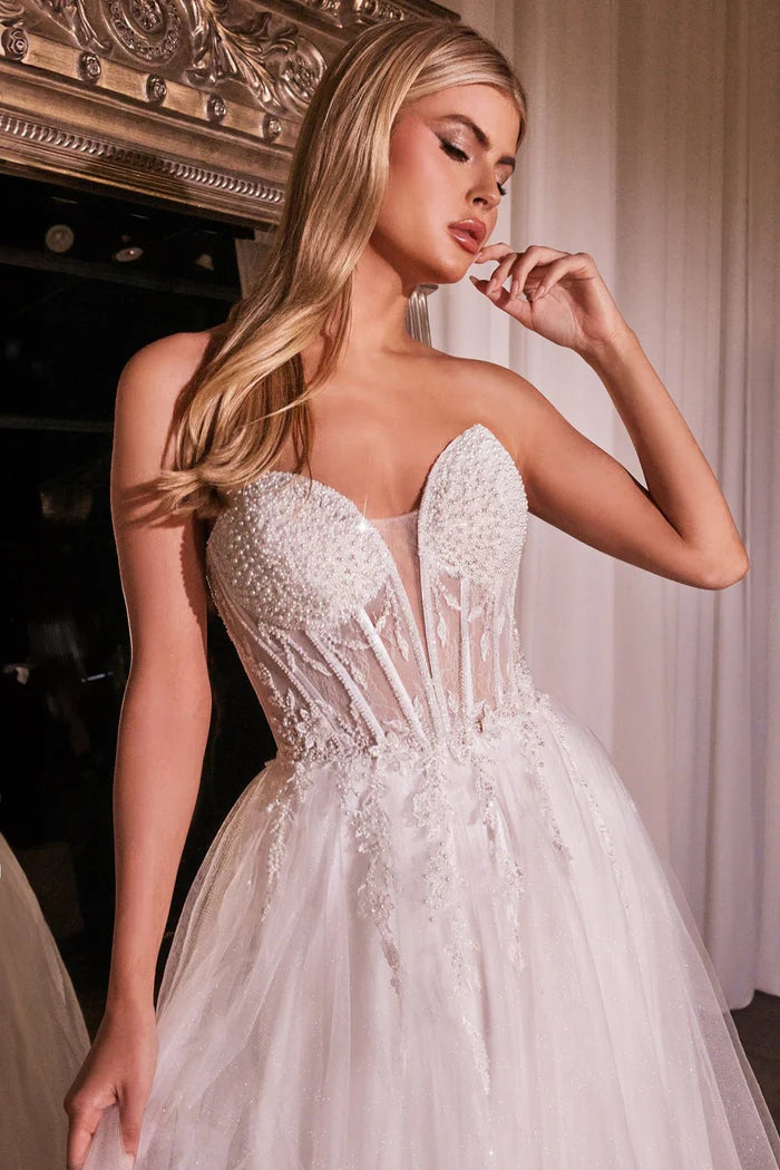 YZMA Beaded Bodice Glitter Tulle Ball Gown Wedding Dress