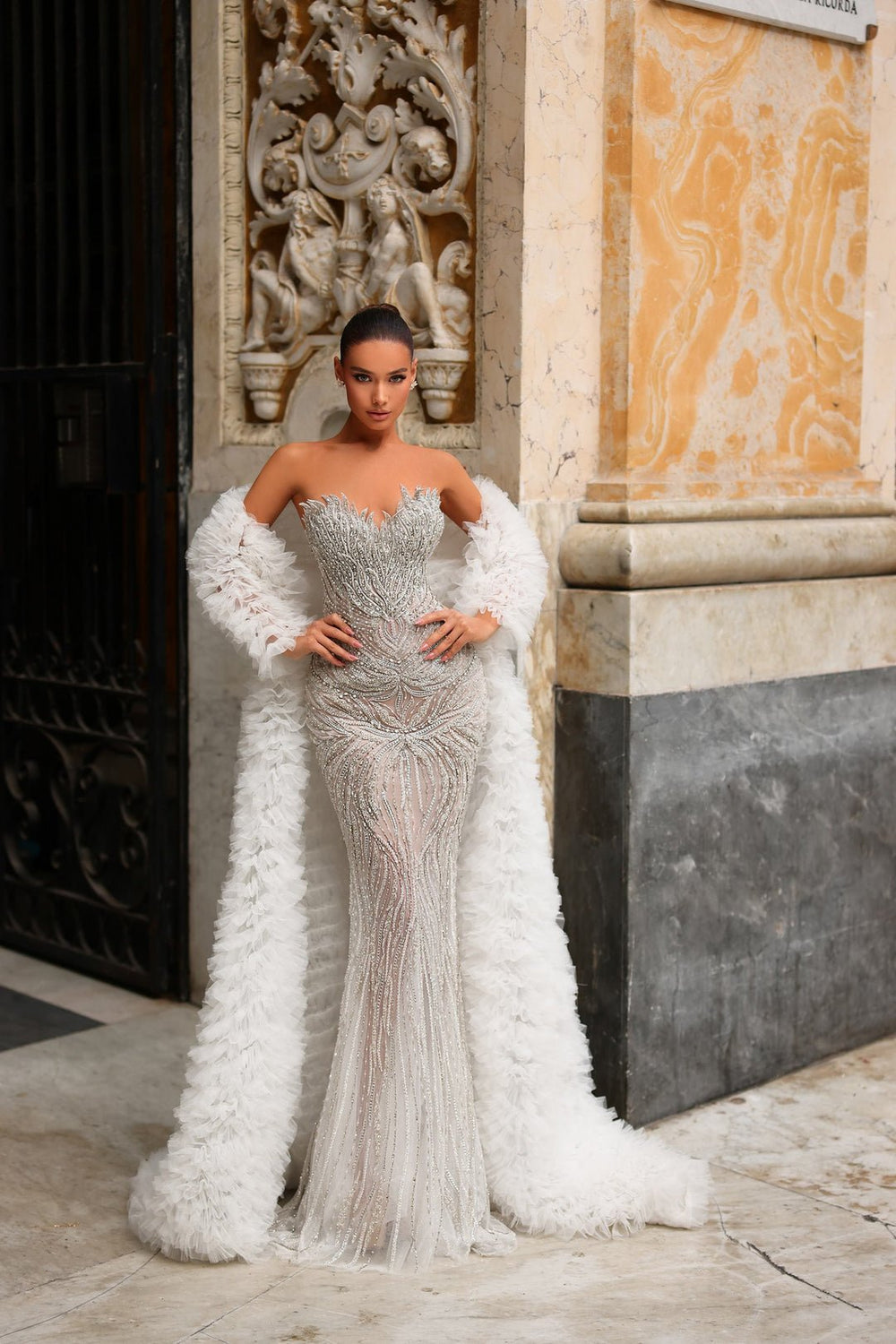BR550026 Couture Beaded Strapless Gown with Cape Sleeve