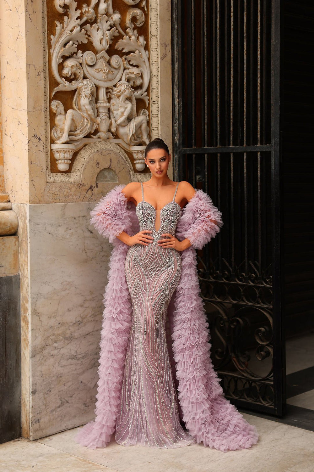HF110491 Couture Beaded Strap Gown with Cape & Ruffle Detail