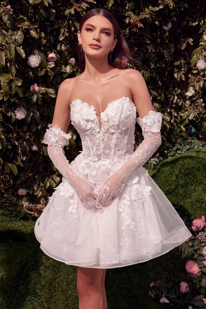 COLETTE Lace Strapless Bridal Mini Dress with Gloves