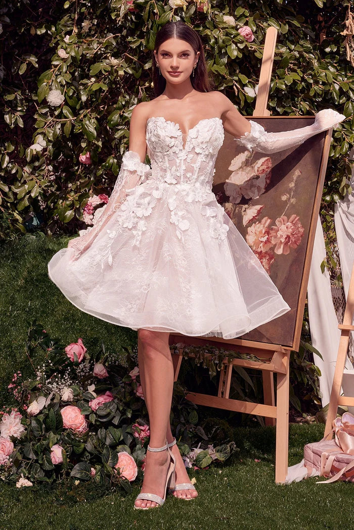 COLETTE Lace Strapless Bridal Mini Dress with Gloves