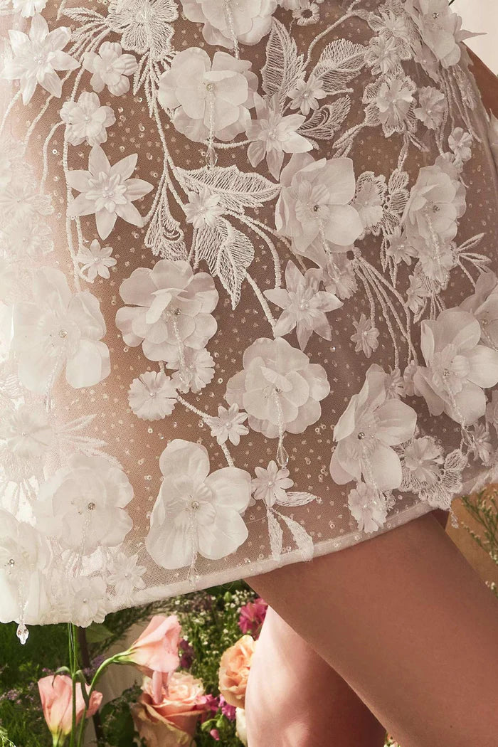 ZENTHA Lace Strapless Bridal Mini Dress with Floral Detail