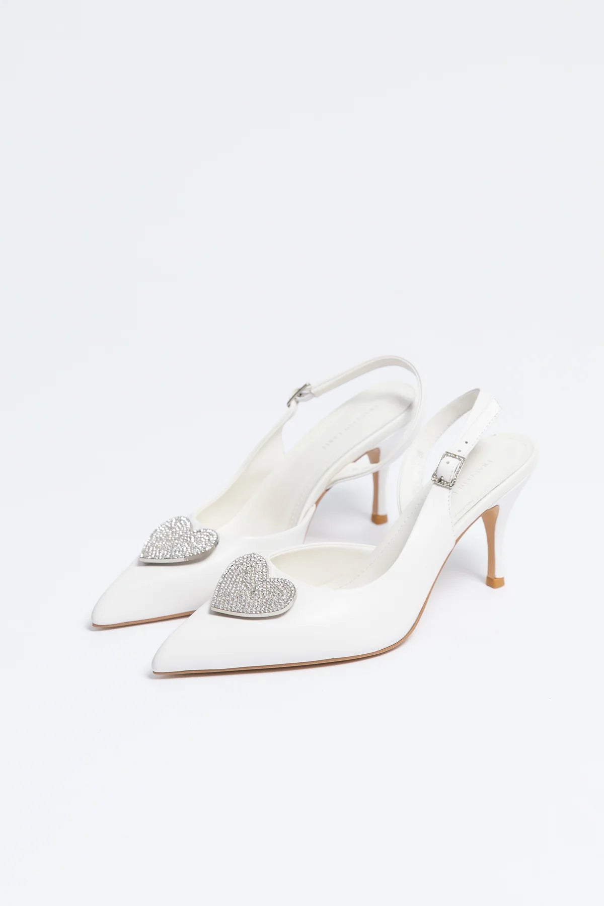 AMOUR HEART White Bridal Slingback Heels with Crystal Detail