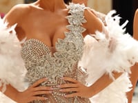 HF110510 Couture V-Neck Gown with Soft Gathered Skirt