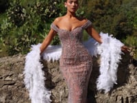 HF110515 Couture Beaded Off-Shoulder Gown with Train