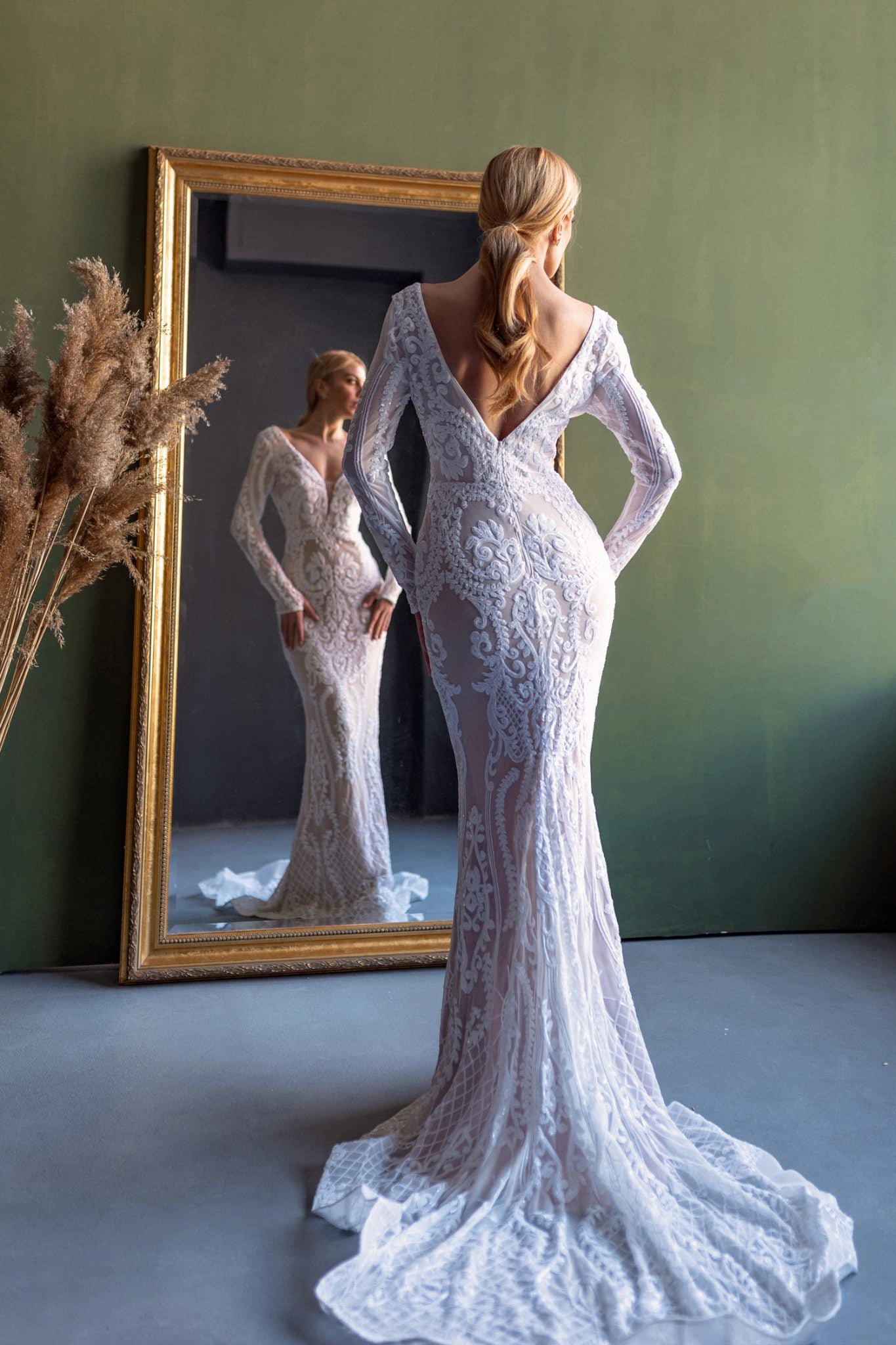 BB021 White & Nude Long Sleeved Mermaid Fitted Sequin Wedding Dress