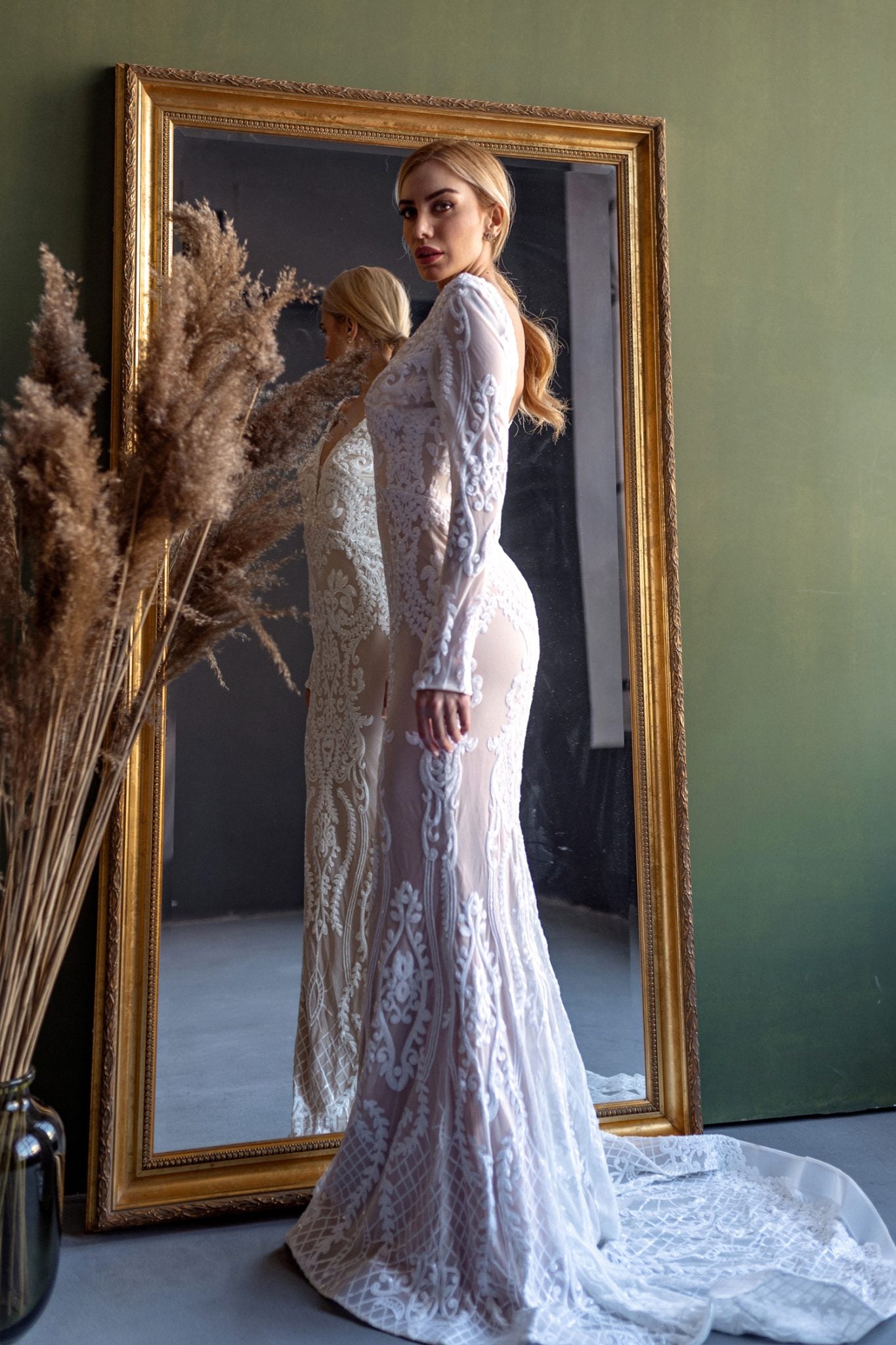 BB021 White & Nude Long Sleeved Mermaid Fitted Sequin Wedding Dress