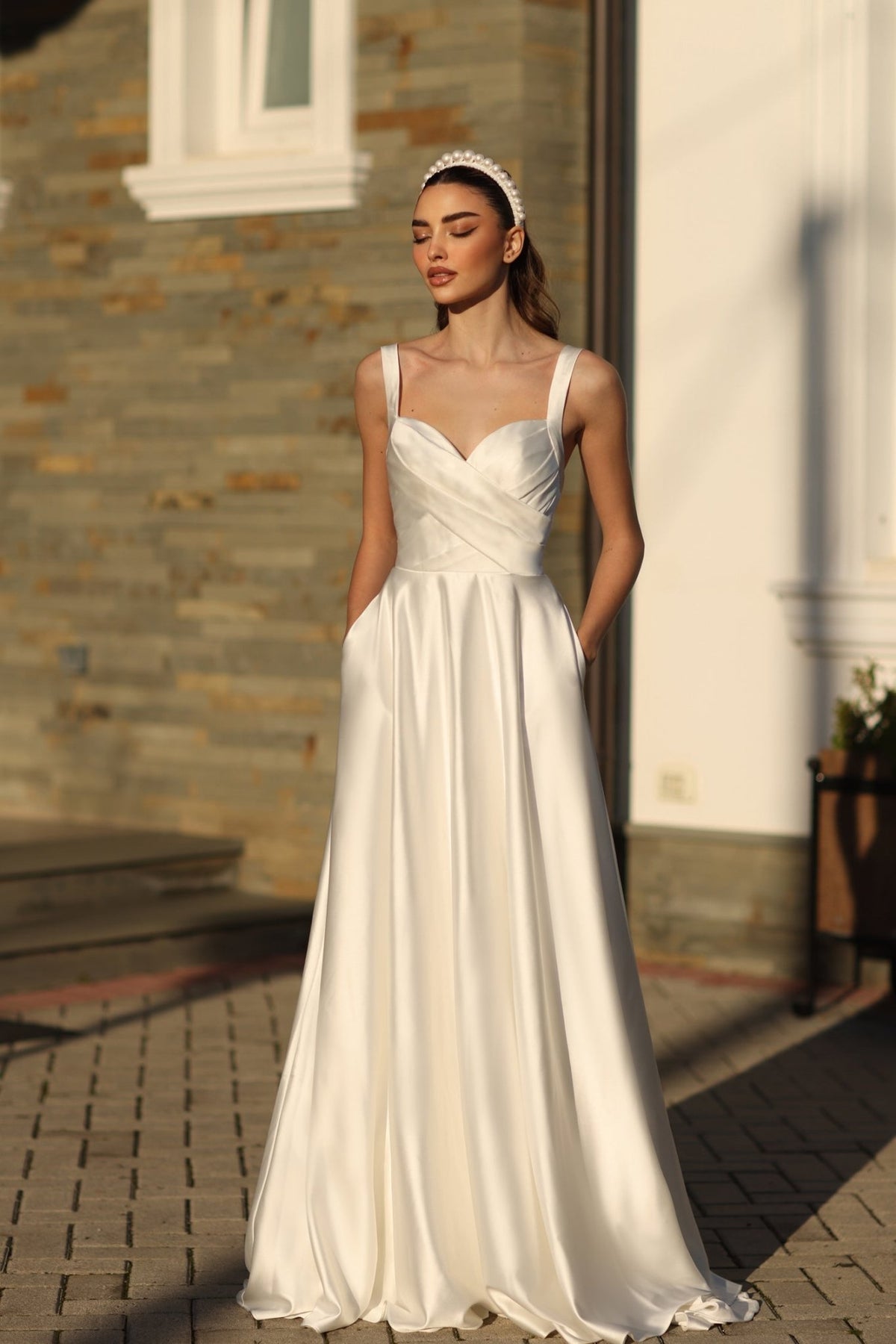 BB210W Off White Satin V-Neck Bridal Ball Gown