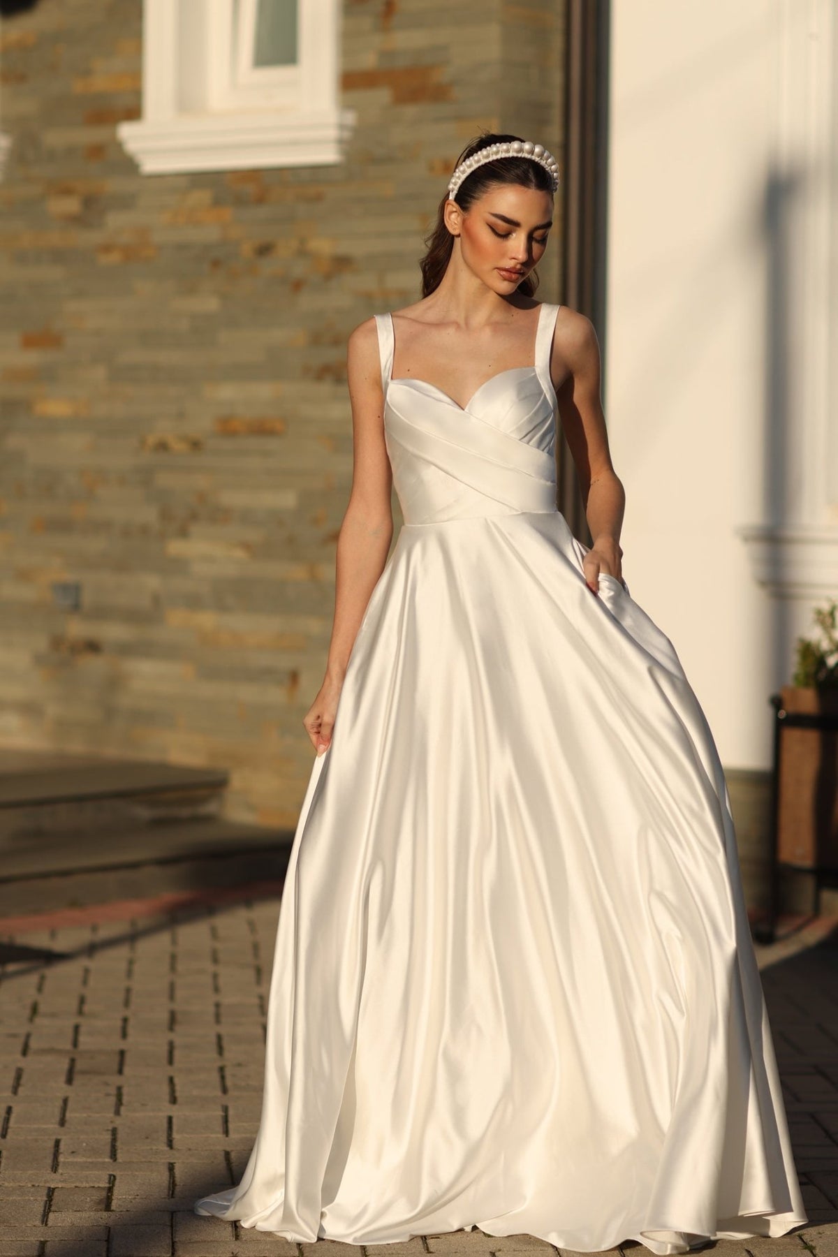 BB210W Off White Satin V-Neck Bridal Ball Gown