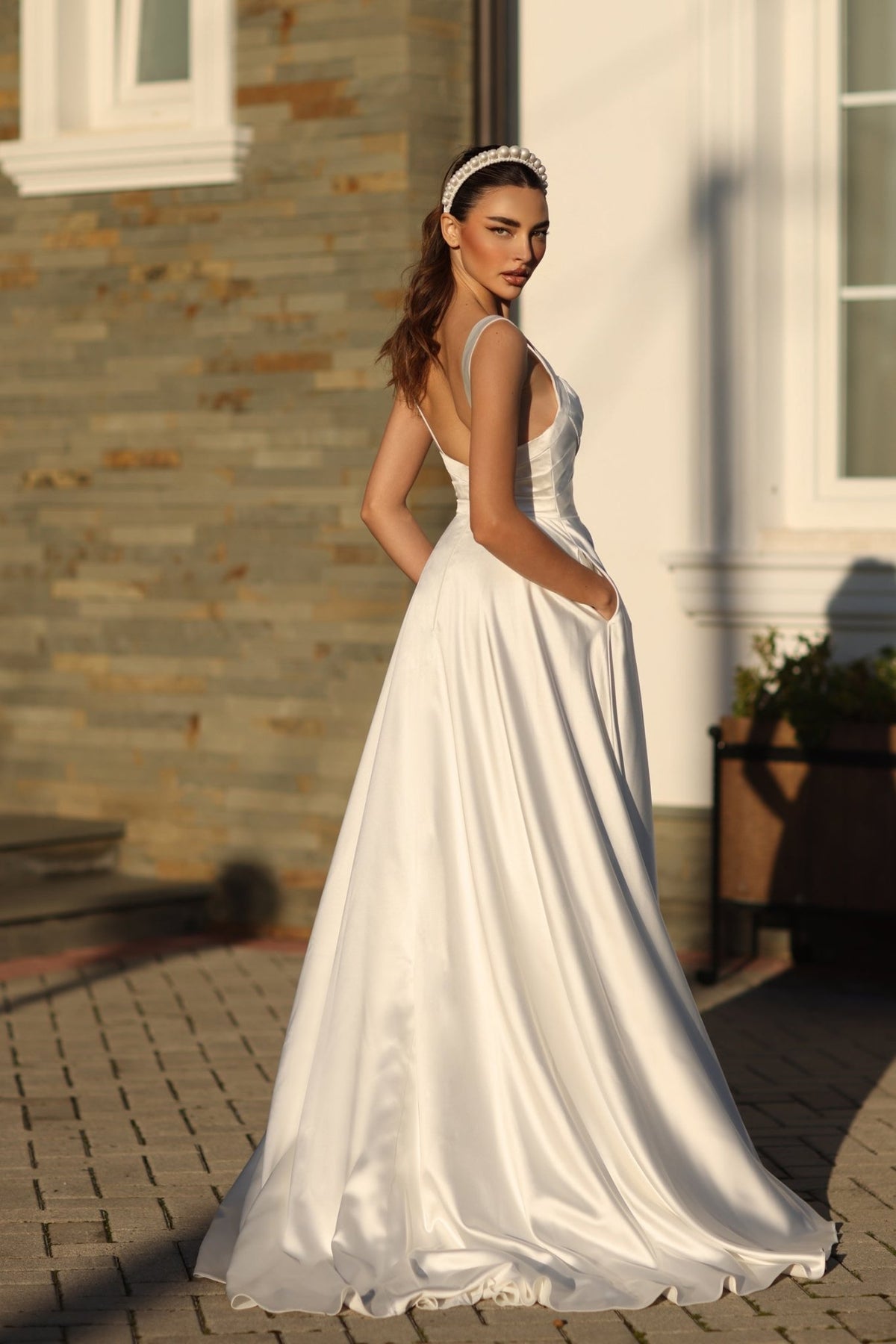 BB210W Off White Satin V-Neck Bridal Ball Gown