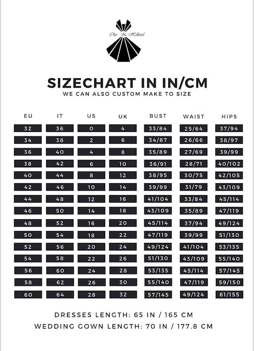 Size chart in inches and centimeters for dresses and wedding gowns by Chic and Holland Couture