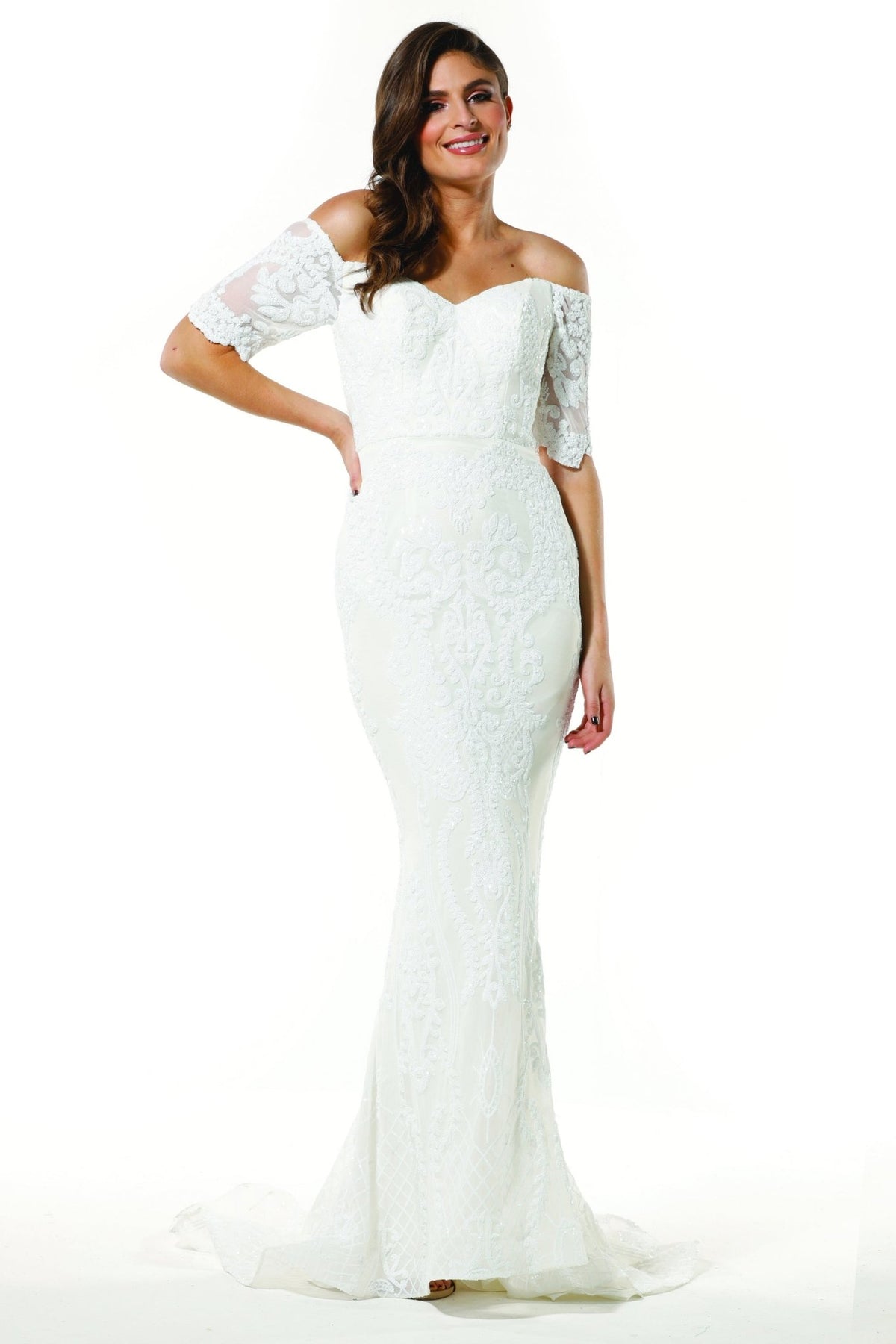T19005 White Stretch Sequin Wedding Dress