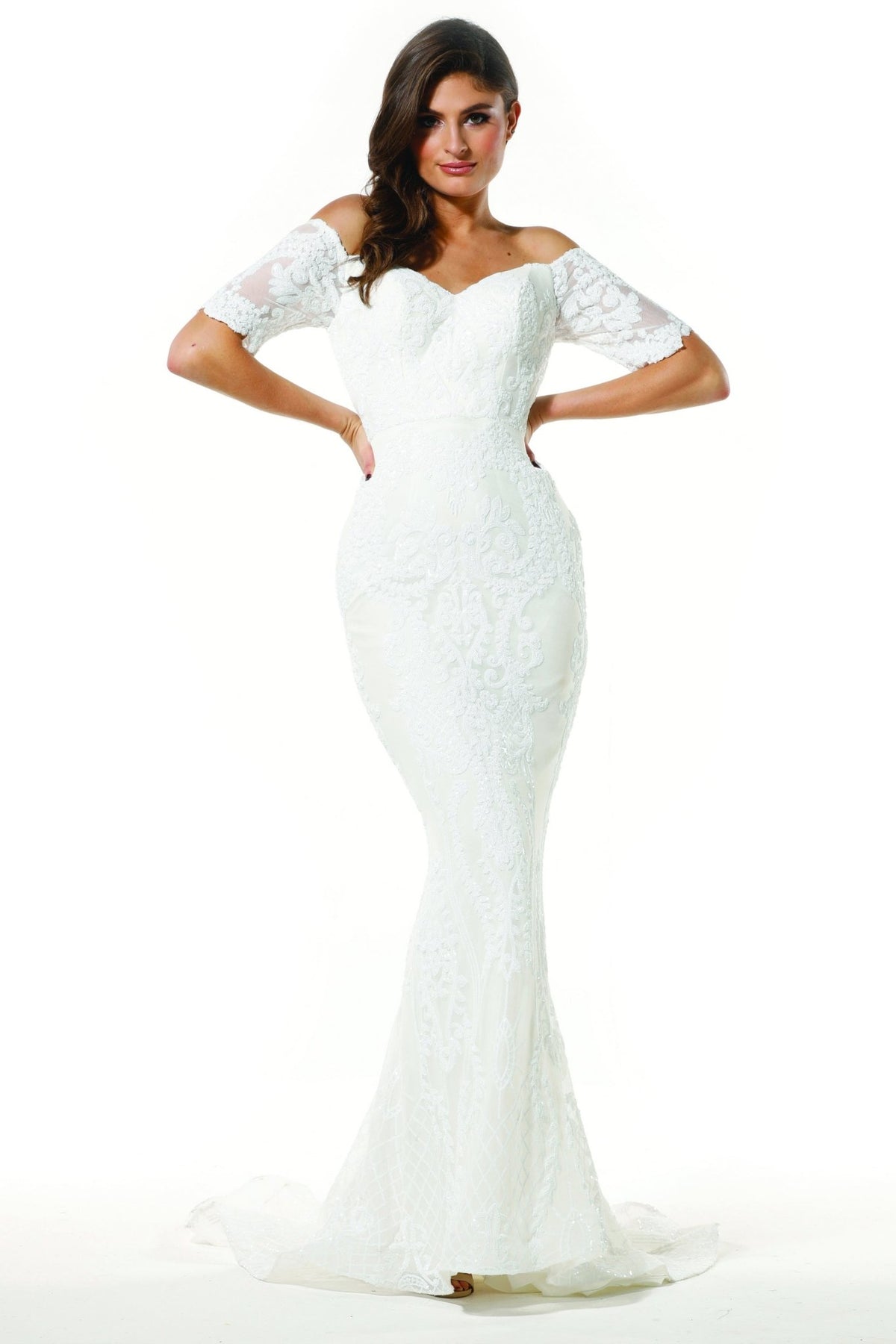T19005 White Stretch Sequin Wedding Dress
