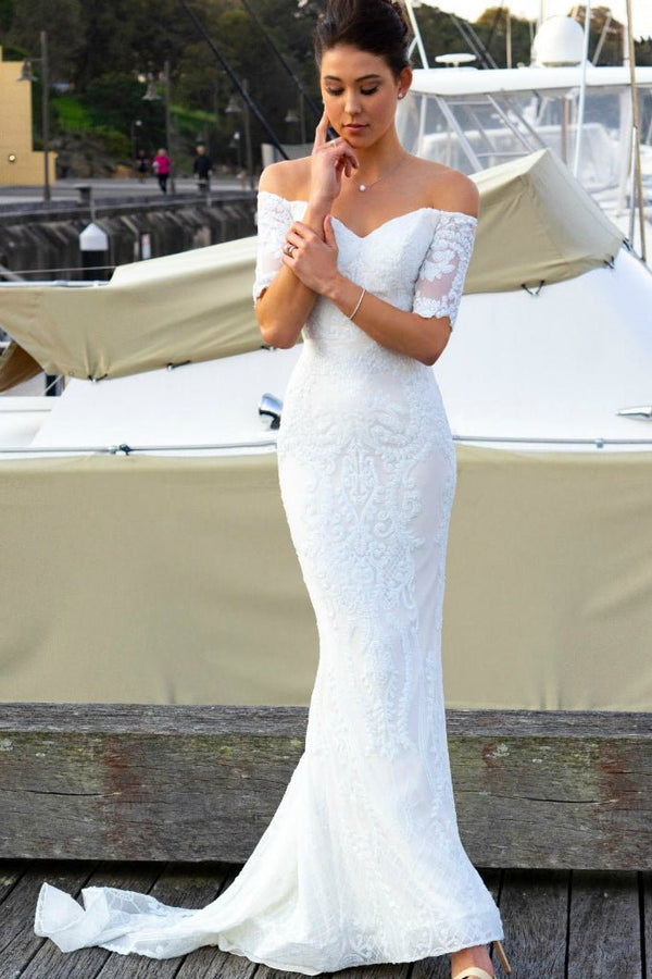 T19005 White Stretch Sequin Wedding Dress
