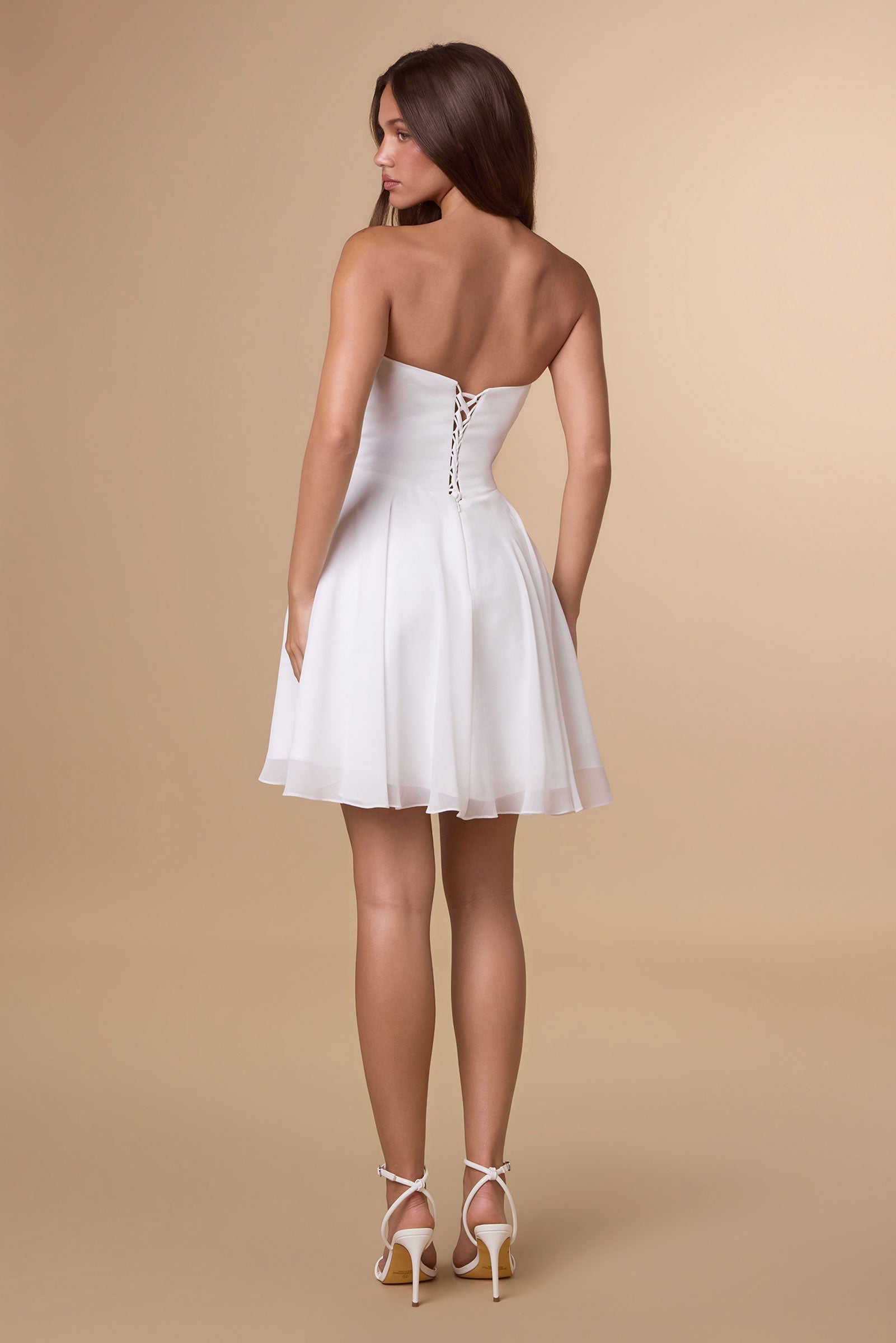 LYNDSEY Chiffon Bridal Mini Dress with Neck Scarf