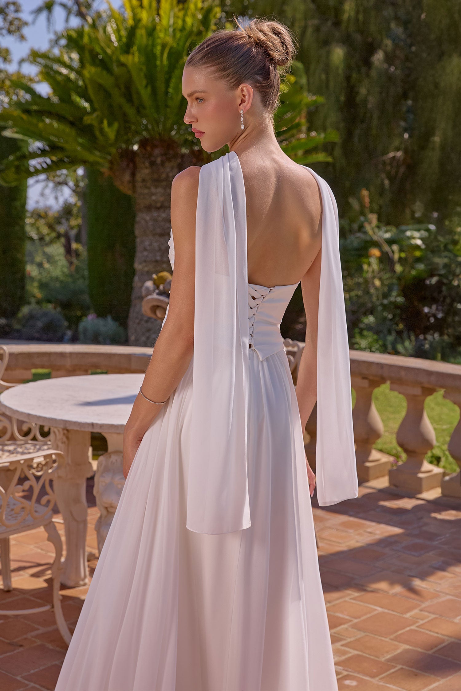 KARINE Satin & Chiffon Corset Gown with Neck Scarf