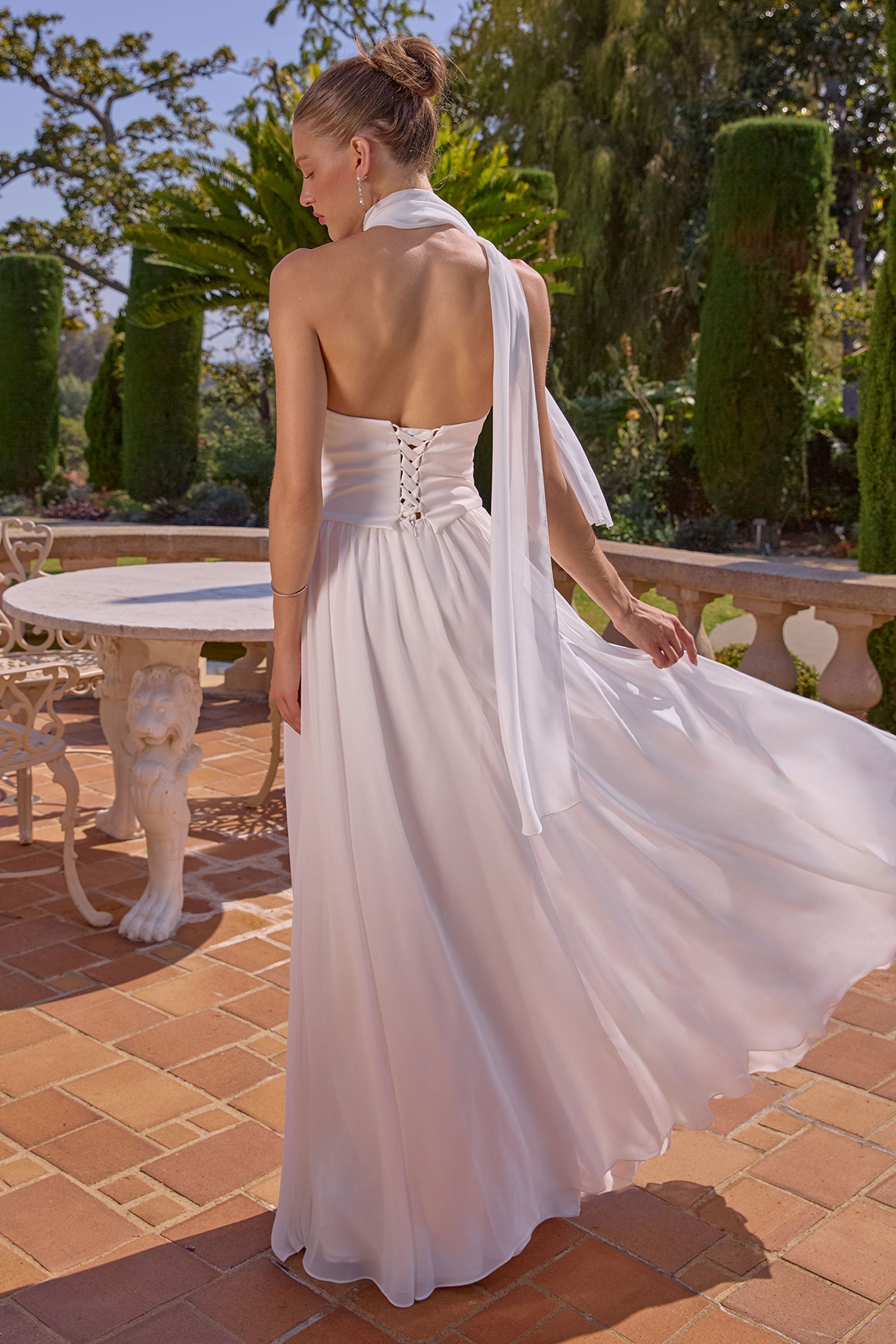 KARINE Satin & Chiffon Corset Gown with Neck Scarf