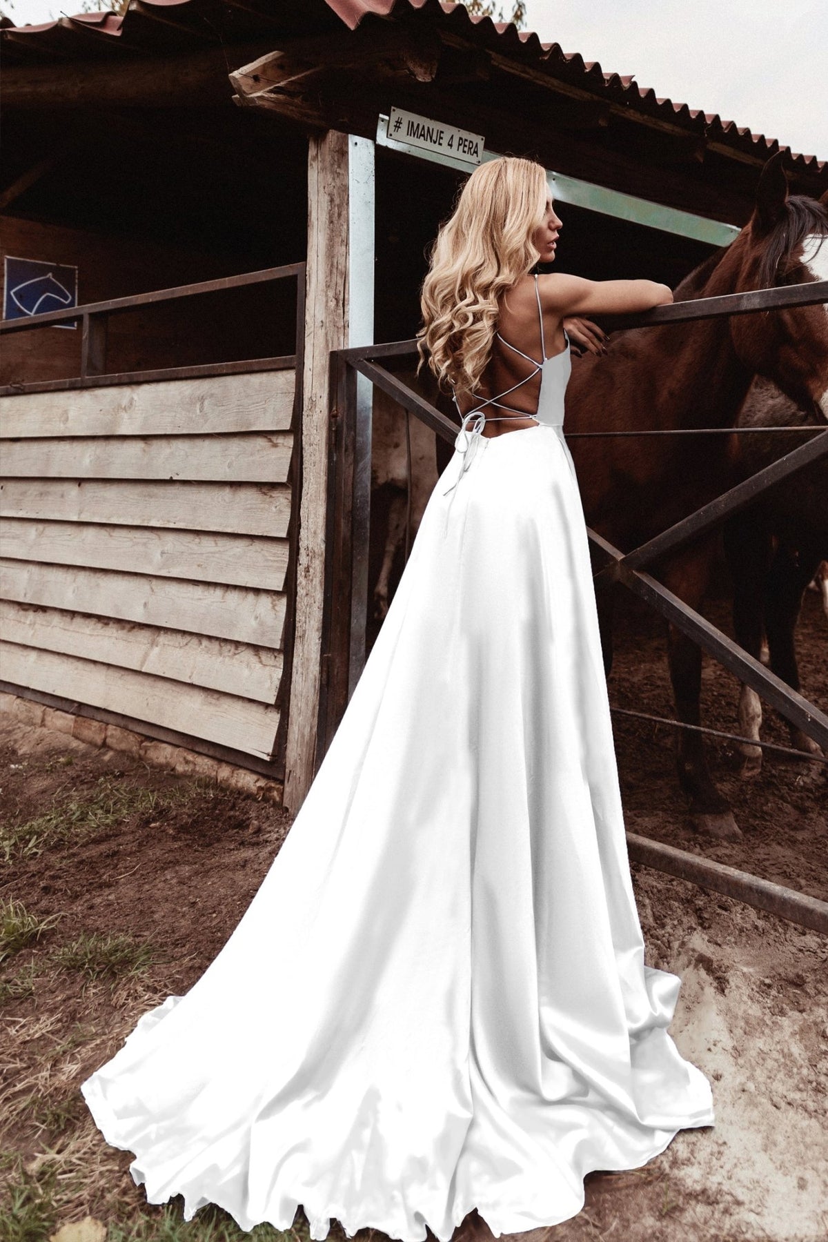 TE001 Off White Satin Lace-Up Back Wedding Dress
