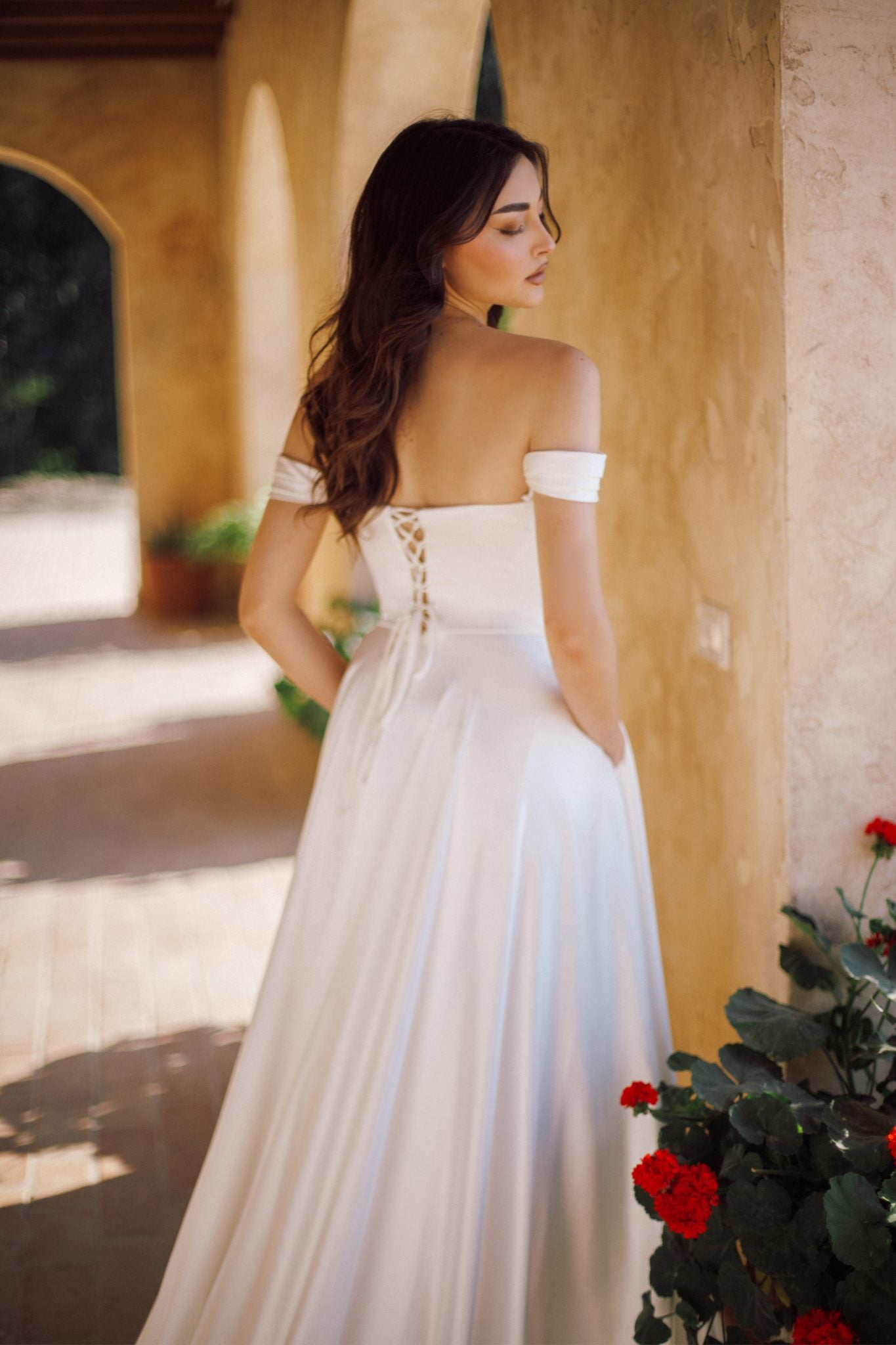 TE565 SOPHIA Off Shoulder Satin A-Line Wedding Dress