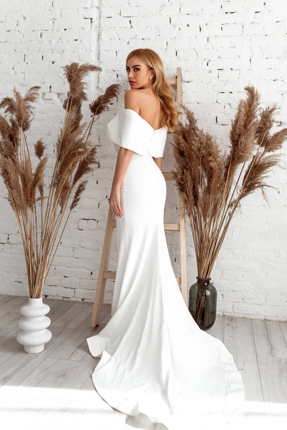 TK007W Off White Satin Off-Shoulder Mermaid Wedding Dress