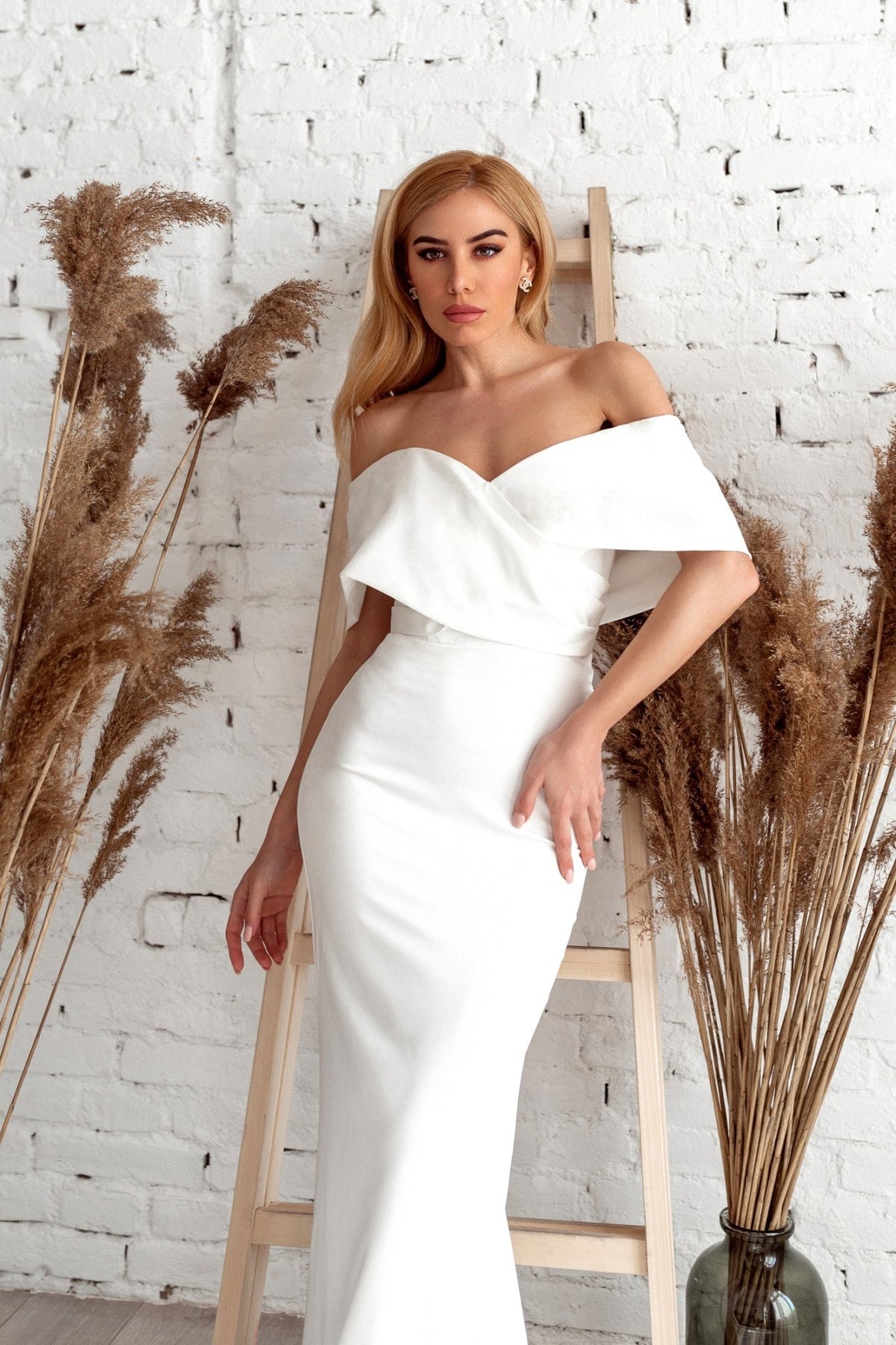 TK007W Off White Satin Off-Shoulder Mermaid Wedding Dress