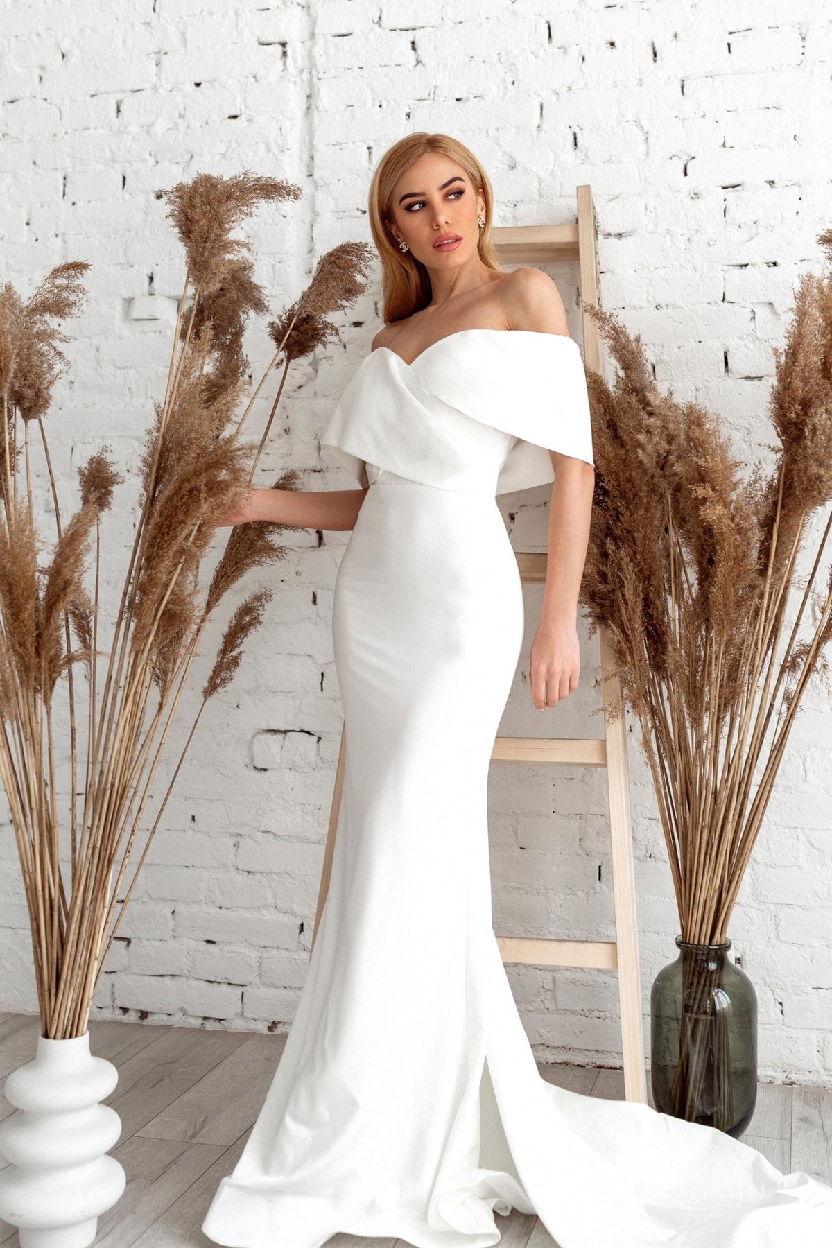 TK007W Off White Satin Off-Shoulder Mermaid Wedding Dress