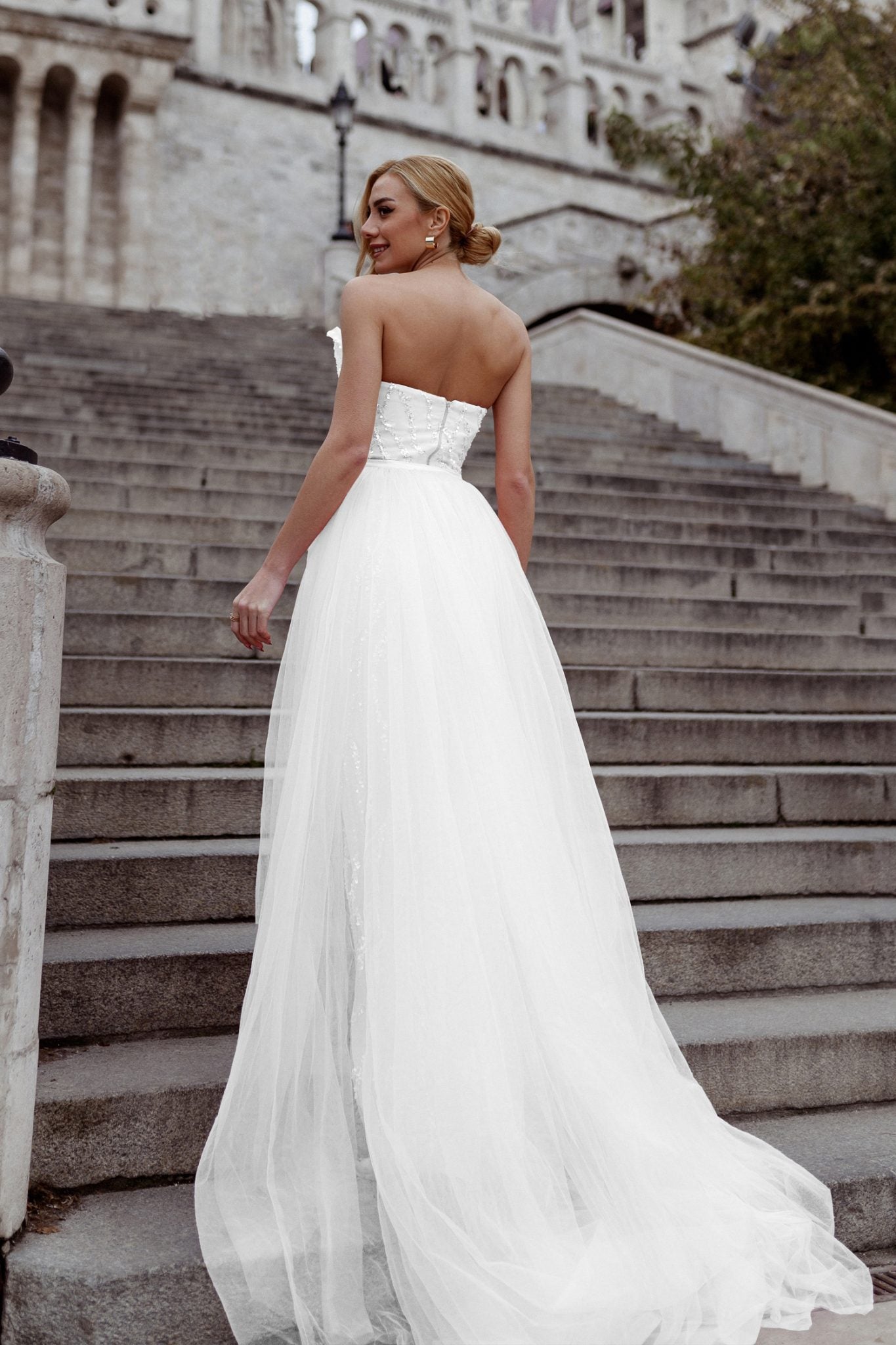 TK118 Strapless Ball Gown Wedding Dress with Tulle Overlay