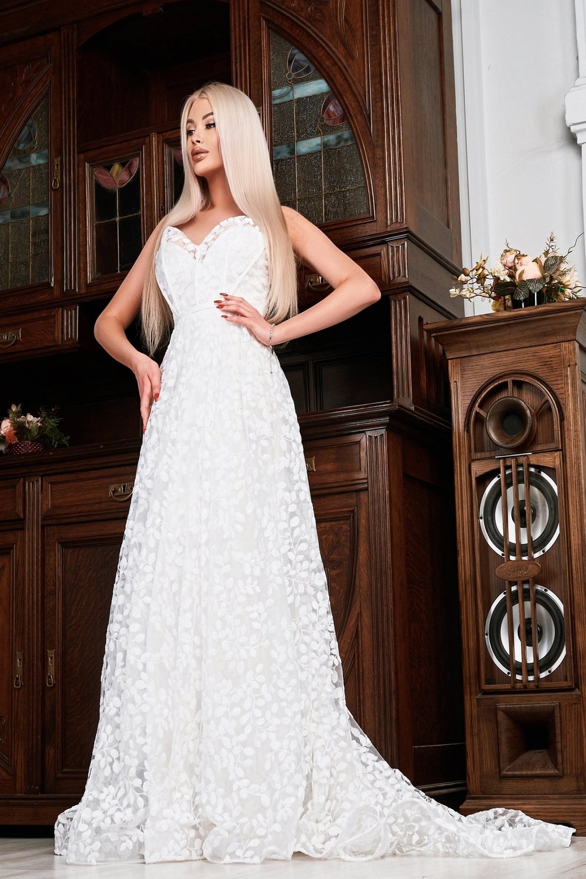 TK069W White Lace A-Line Wedding Dress