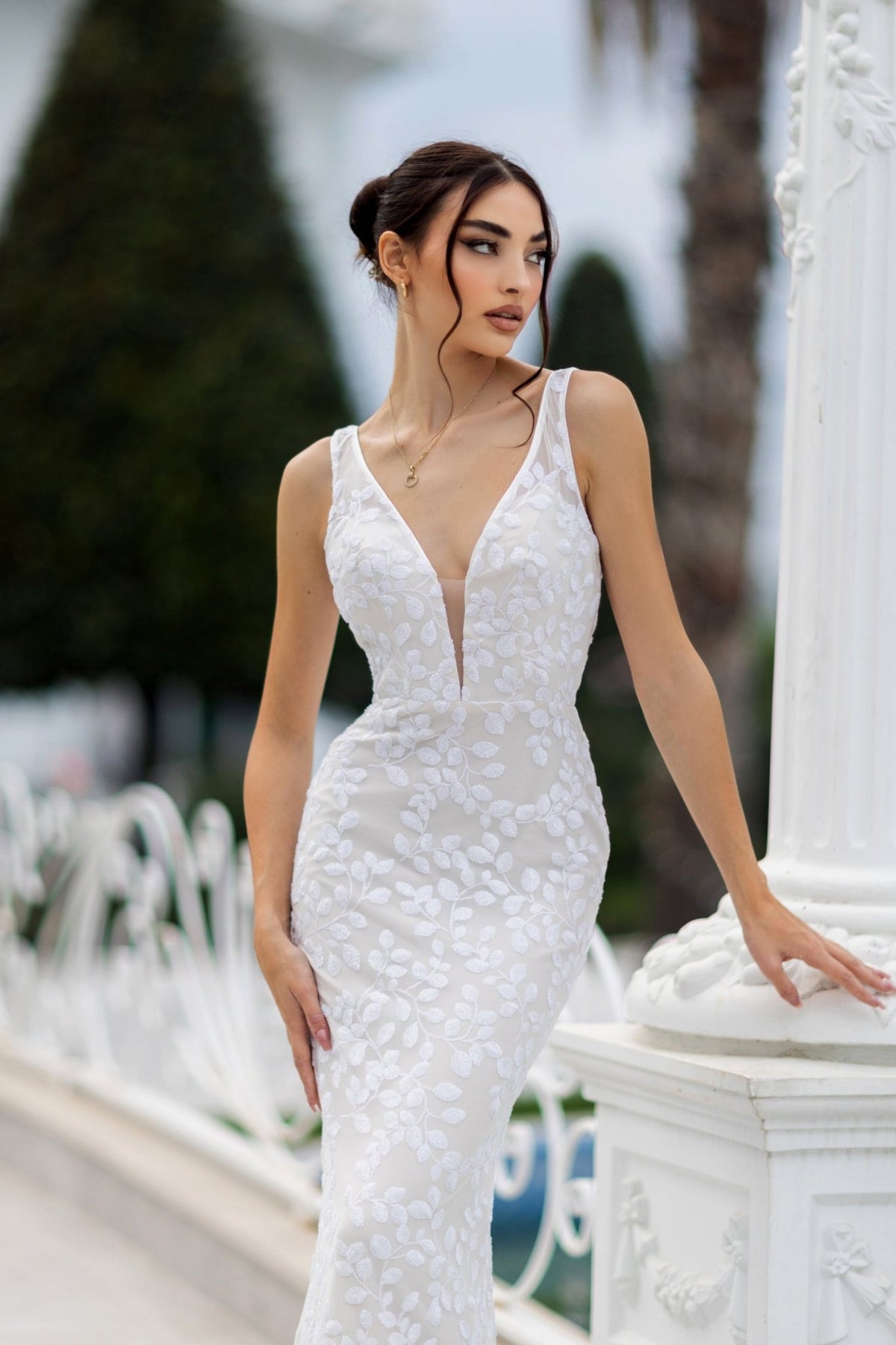TW108 White Leaf Sequin Mermaid Wedding Dress