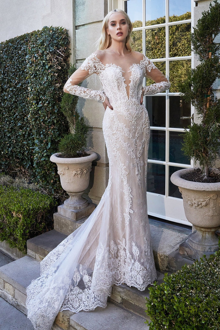FREYA Plunge Lace Fitted Wedding Dress with Sleeves