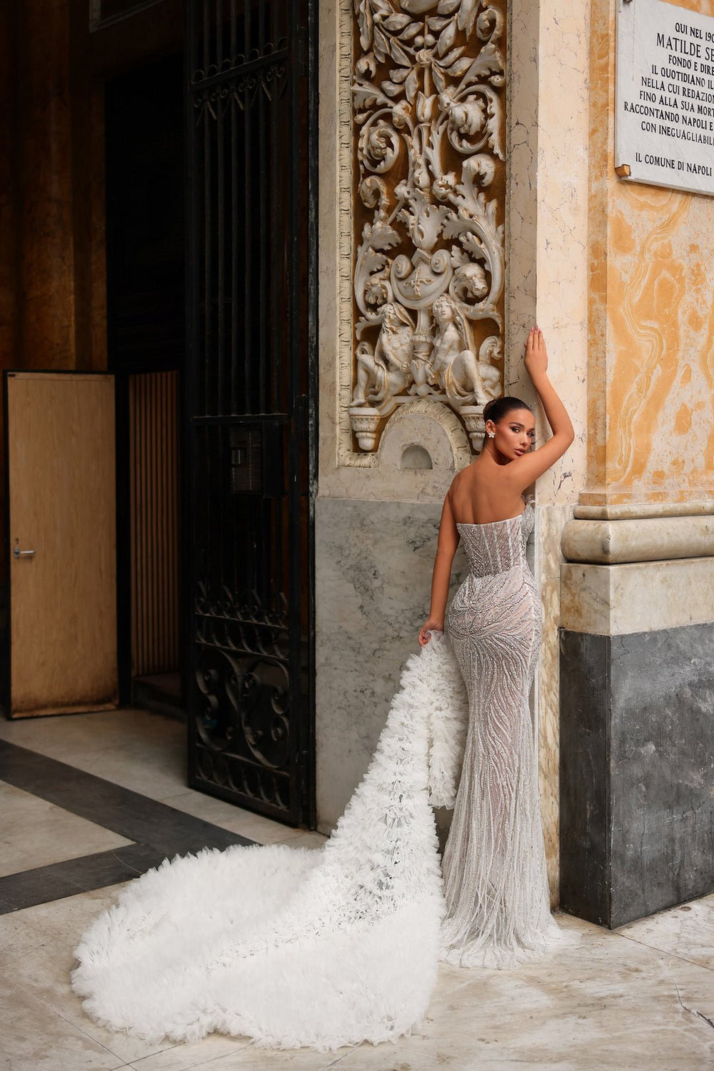 BR550026 Couture Beaded Strapless Gown with Cape Sleeve