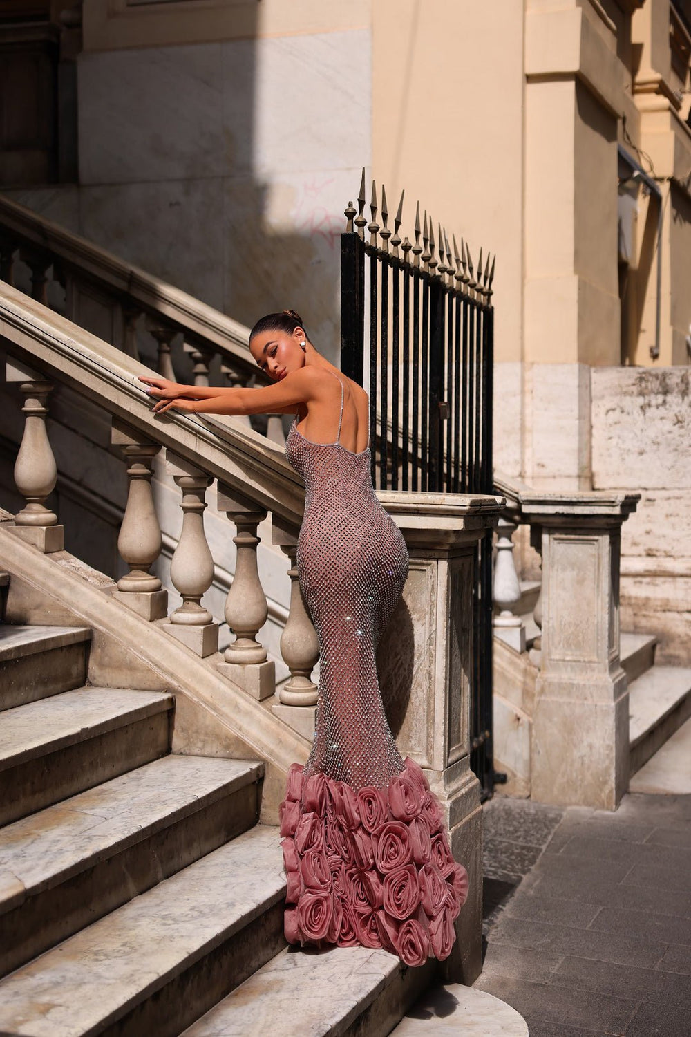 HF110474 Couture Beaded Floral Strap Gown
