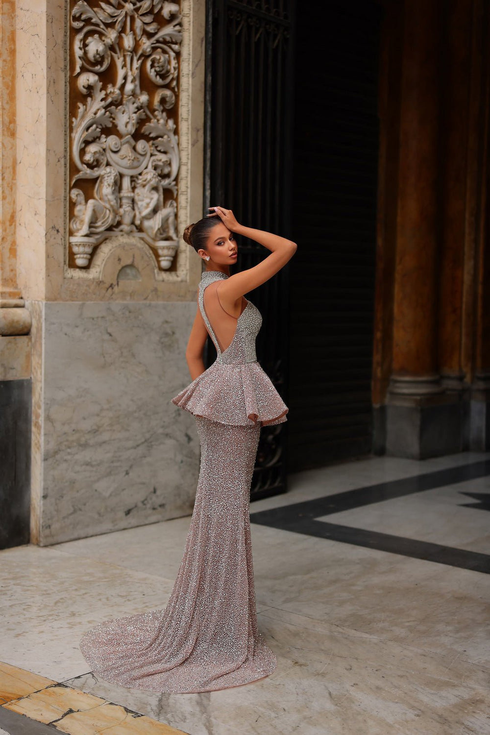 HF110502 Couture Beaded High Neck Gown with Peplum & Slit